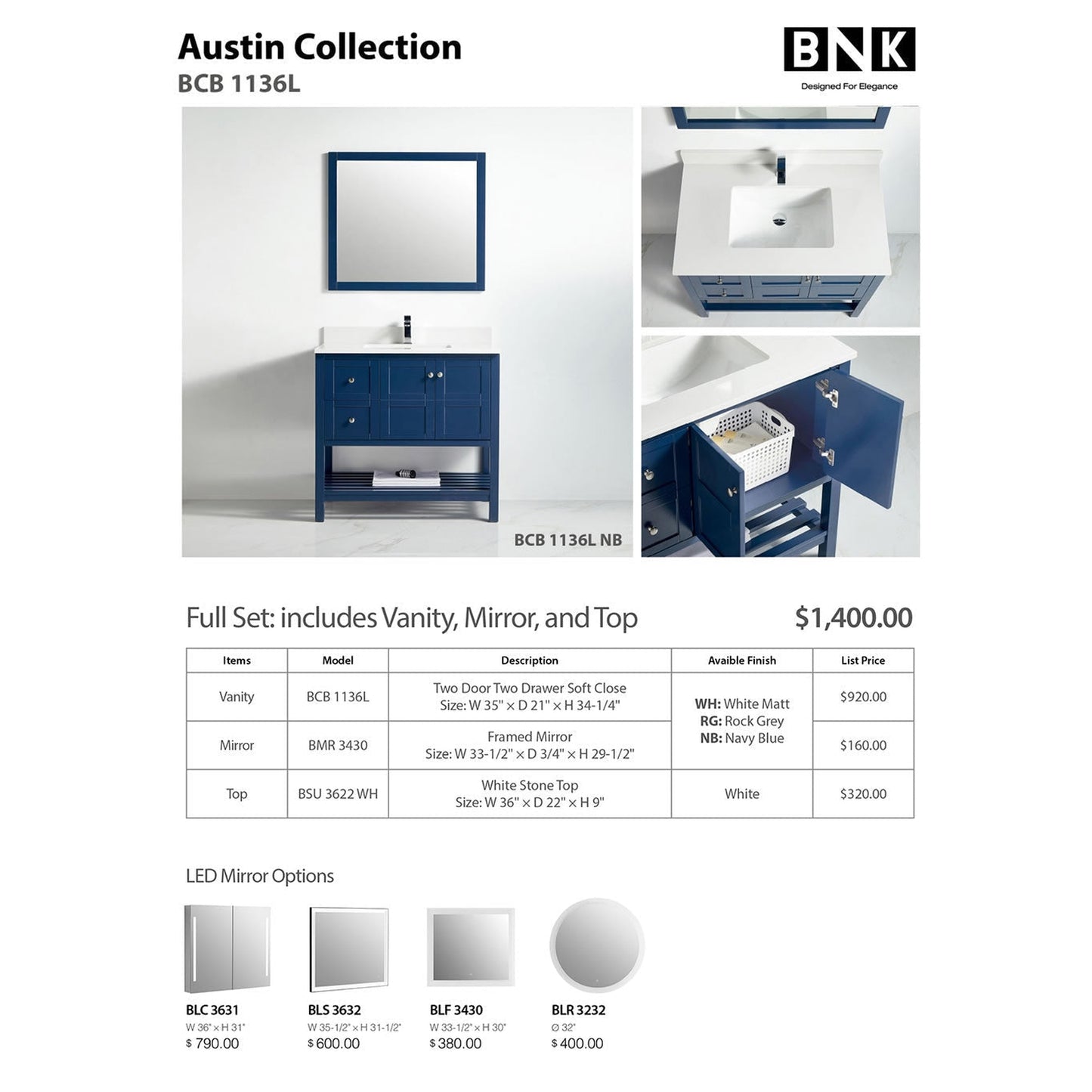 BNK BCB1136L Austin Navy Blue Vanity Only Two Door Two Left Drawer Soft Close