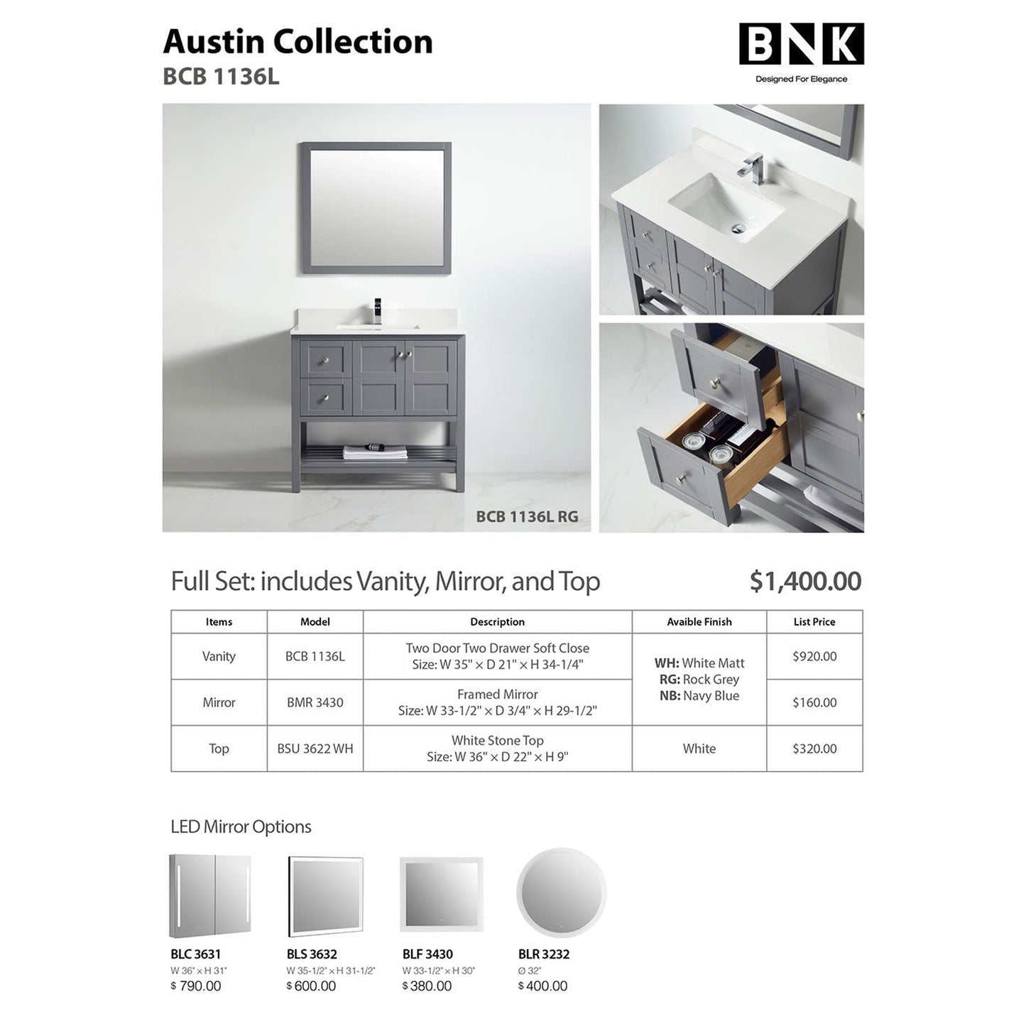 BNK BCB1136L Austin Rock Grey Vanity Only Two Door Two Left Drawer Soft Close