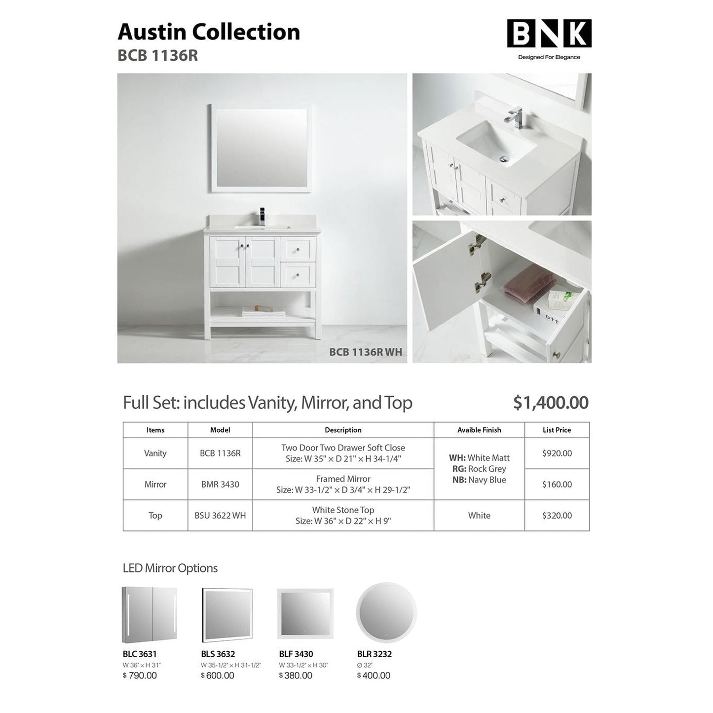 BNK BCB1136R Austin Matt White Vanity Only Two Door Two Right Drawer Soft Close