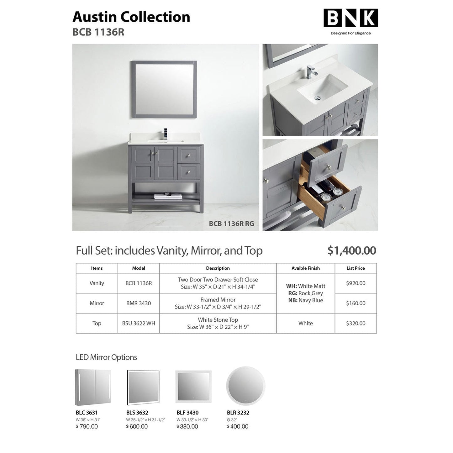 BNK BCB1136R Austin Rock Grey Vanity Only Two Door Two Right Drawer Soft Close