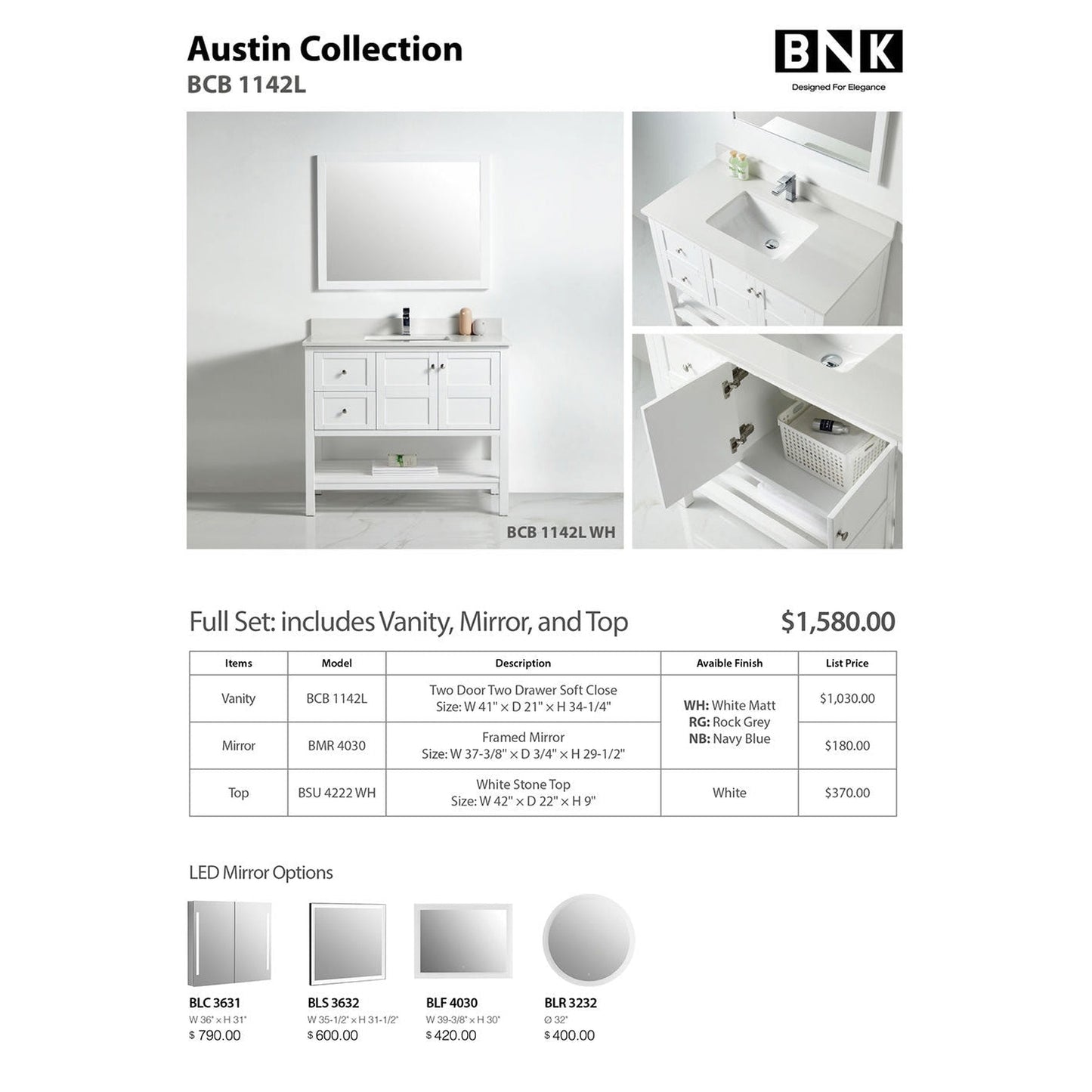 BNK BCB1142L Austin Matt White Vanity Only Two Door Two Left Drawer Soft Close