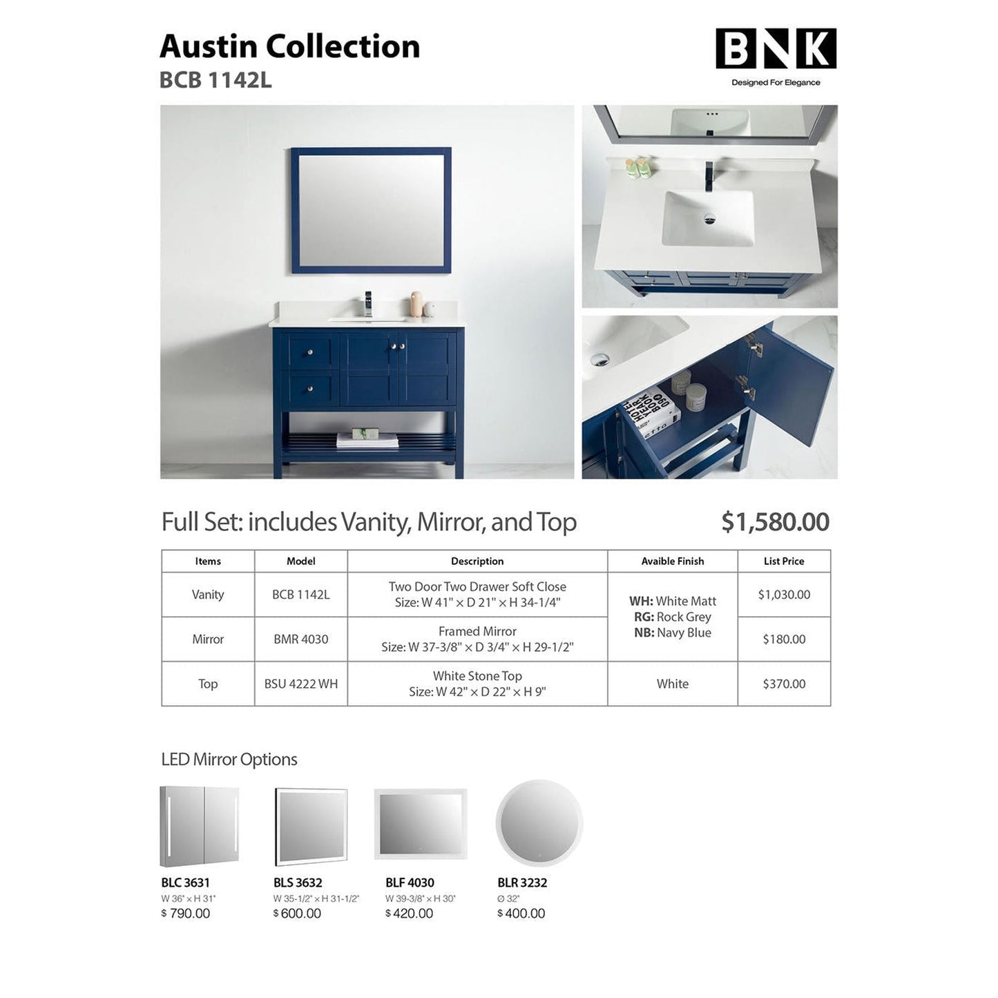 BNK BCB1142L Austin Navy Blue Vanity Only Two Door Two Left Drawer Soft Close