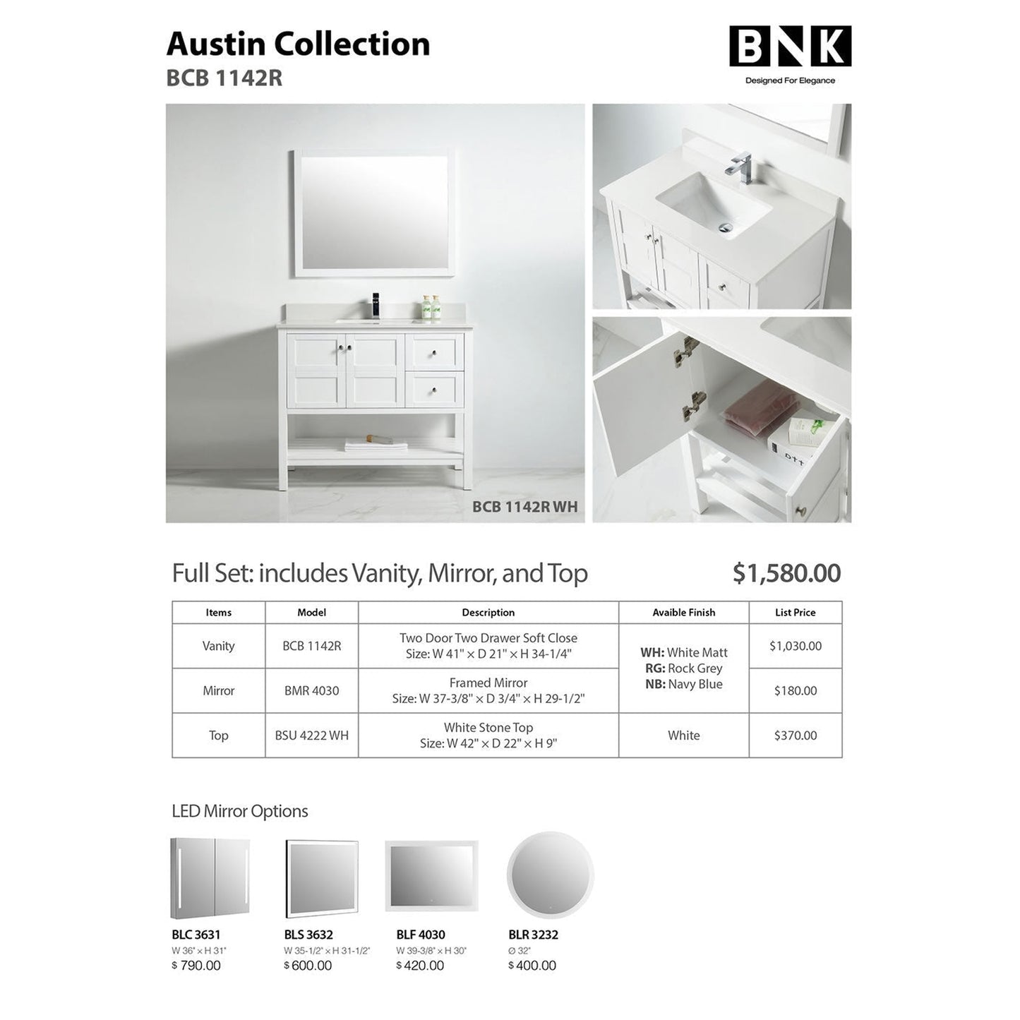 BNK BCB1142R Austin Matt White Vanity Only Two Door Two Right Drawer Soft Close