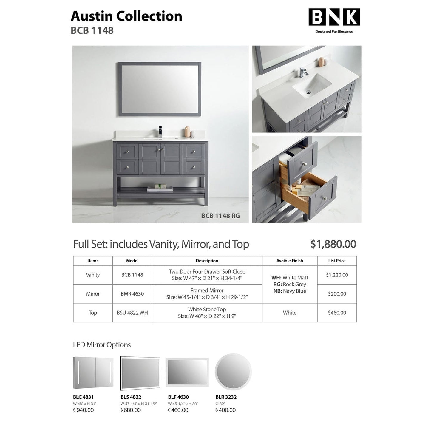BNK BCB1148 Austin Rock Grey Vanity Only Two Door Four Drawer Soft Close