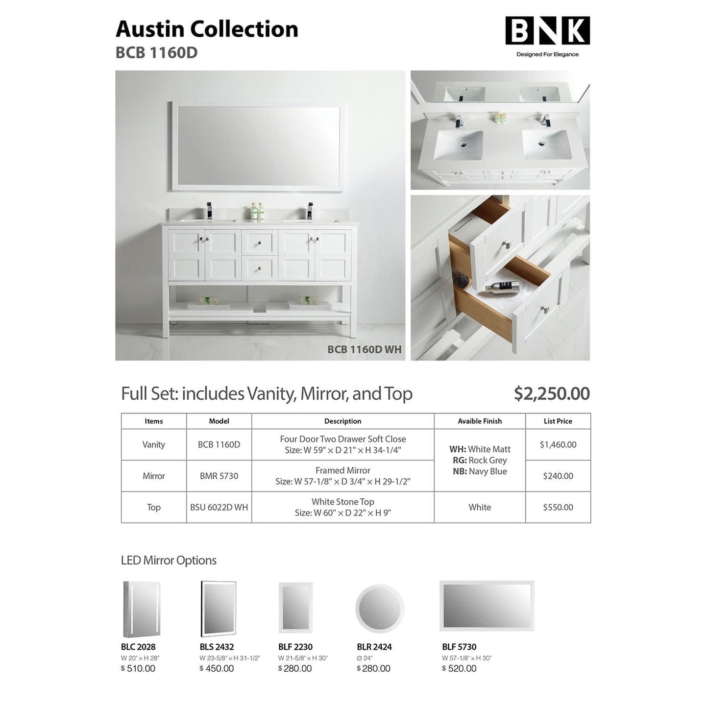 BNK BCB1160D Austin Matt White Vanity With Double-Sink Only Four Door Two Drawer Soft Close