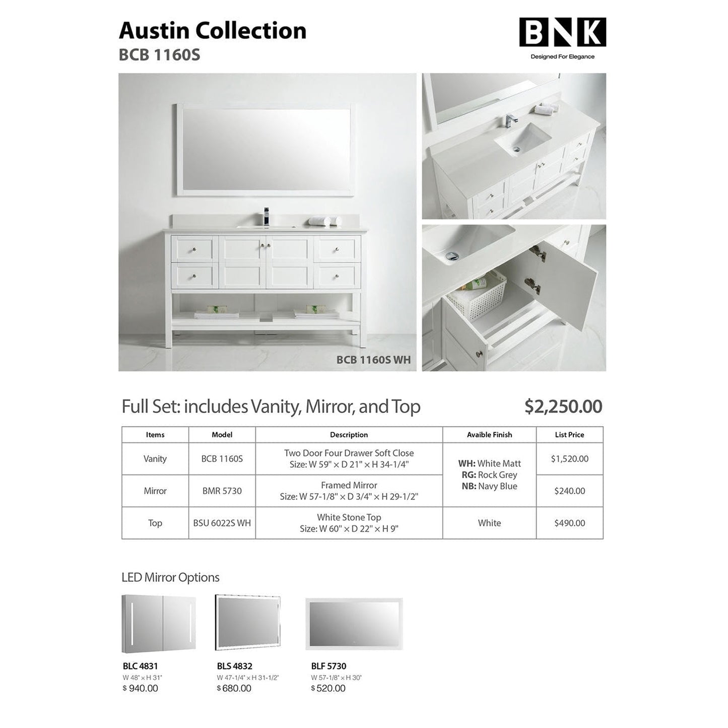 BNK BCB1160S Austin Matt White Vanity With Single Sink Only Two Door Four Drawer Soft Close