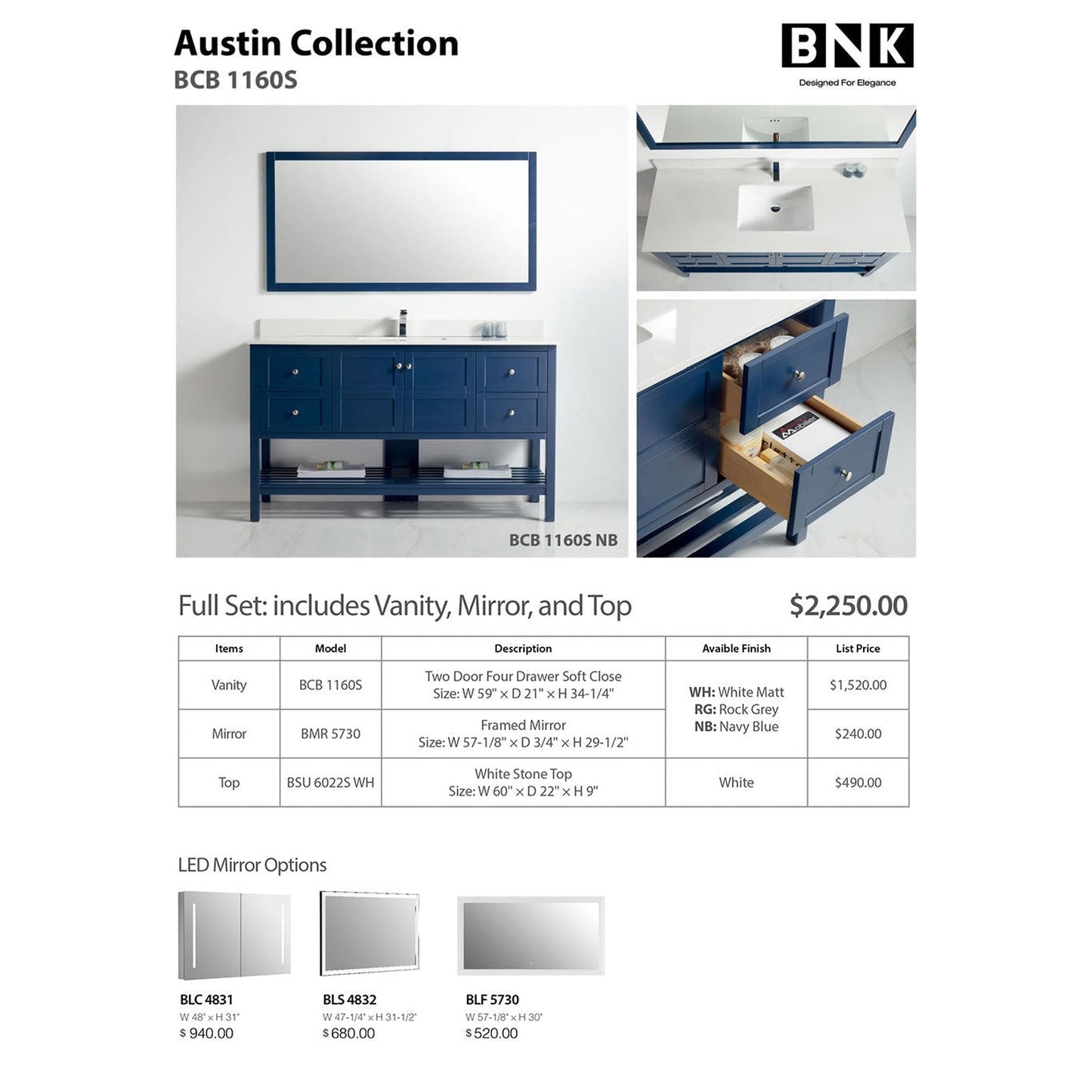 BNK BCB1160S Austin Navy Blue Vanity With Single Sink Only Two Door Four Drawer Soft Close