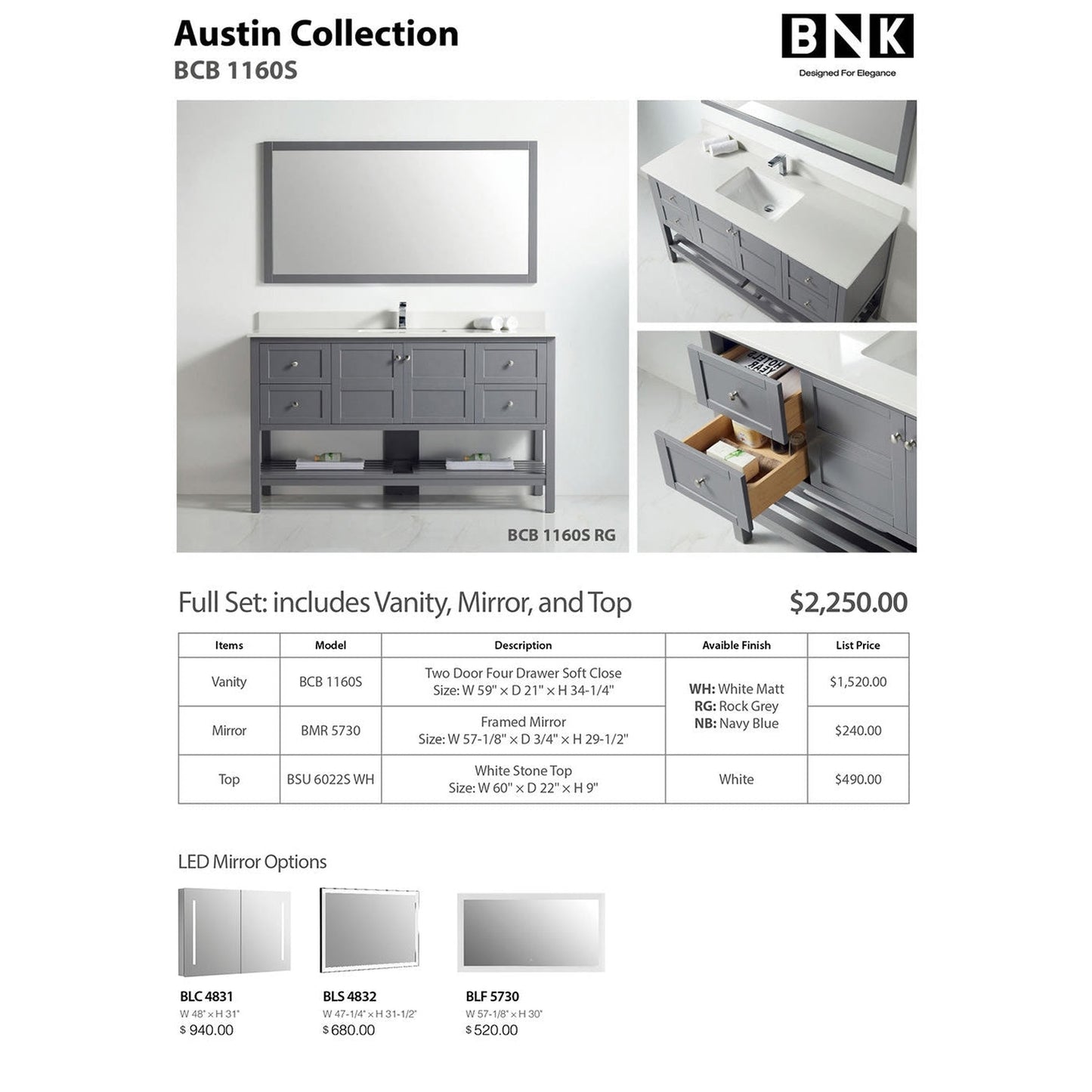BNK BCB1160S Austin Rock Grey Vanity With Single Sink Only Two Door Four Drawer Soft Close