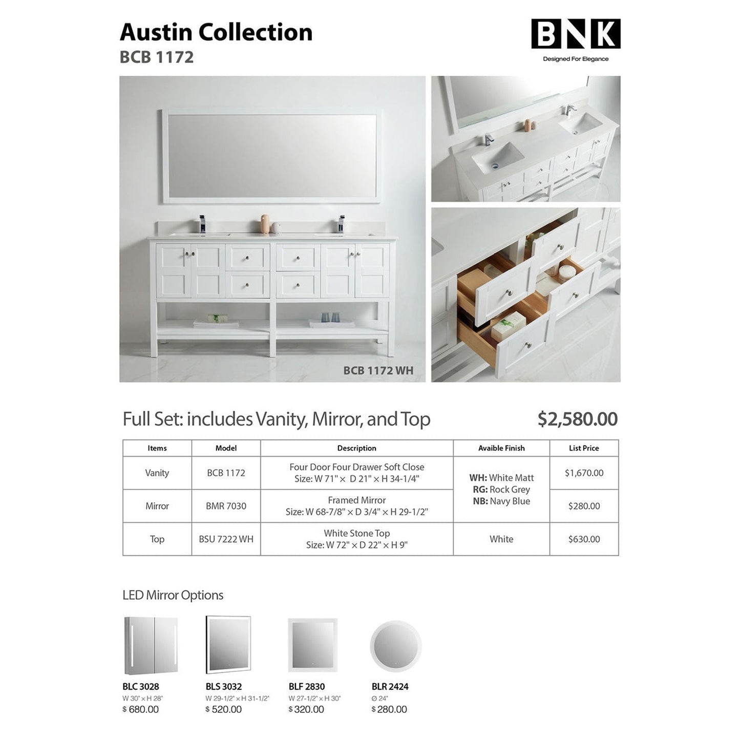 BNK BCB1172 Austin Matt White Vanity With Double-Sink Only Four Door Four Drawer Soft Close