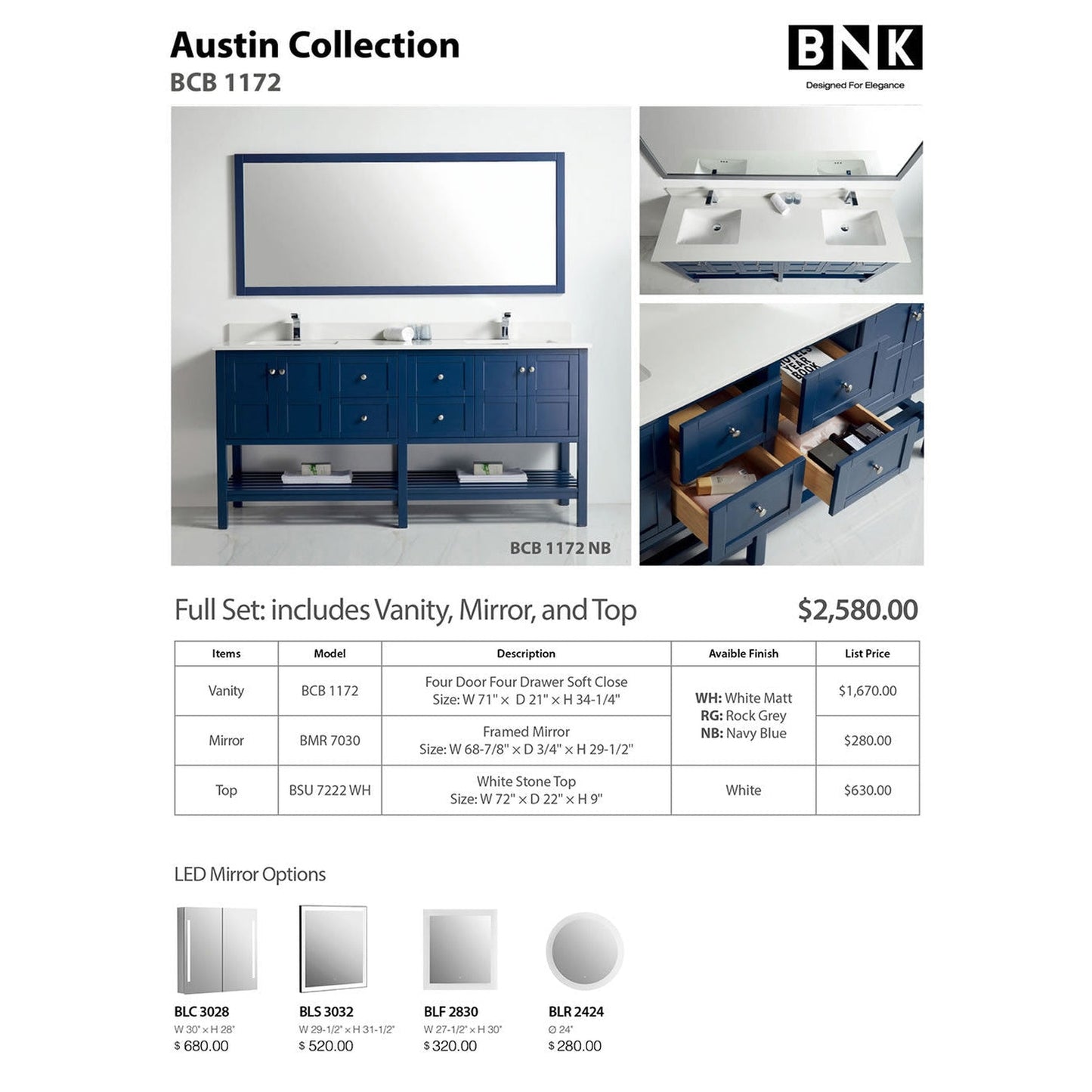 BNK BCB1172 Austin Navy Blue Vanity With Double-Sink Only Four Door Four Drawer Soft Close