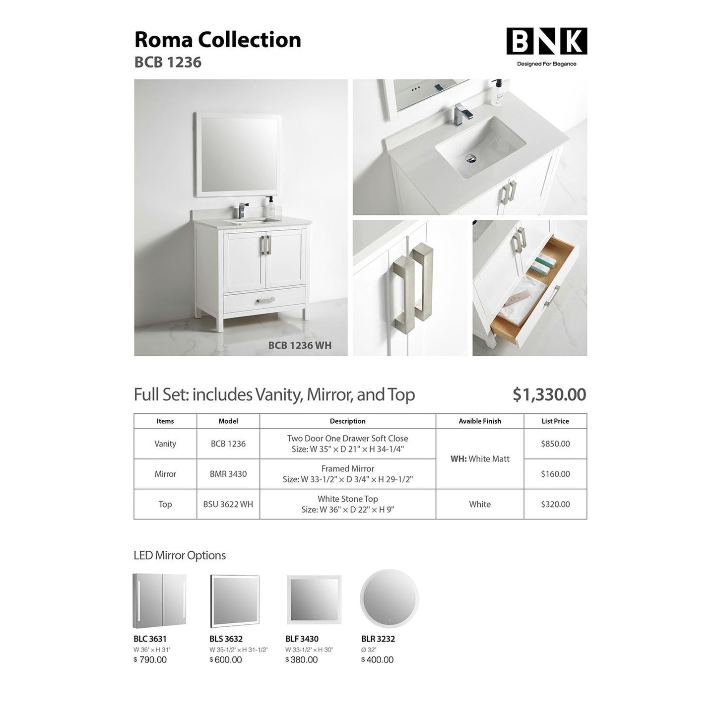 BNK BCB1236 Roma Matt White Vanity Only Two-Door One Bottom Drawer Soft Close