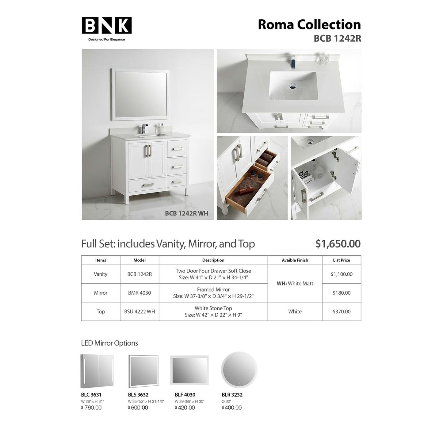 BNK BCB1242R Roma Matt White Vanity Only Two-Door Three Right Drawer Soft Close