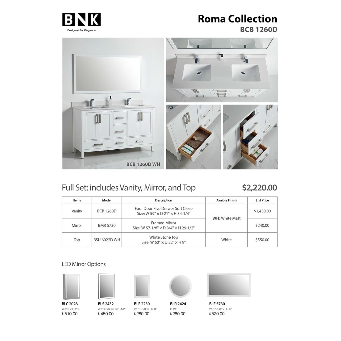 BNK BCB1260D Roma Matt White Vanity With Double-Sink Only Four-Door Five Drawer Soft Close