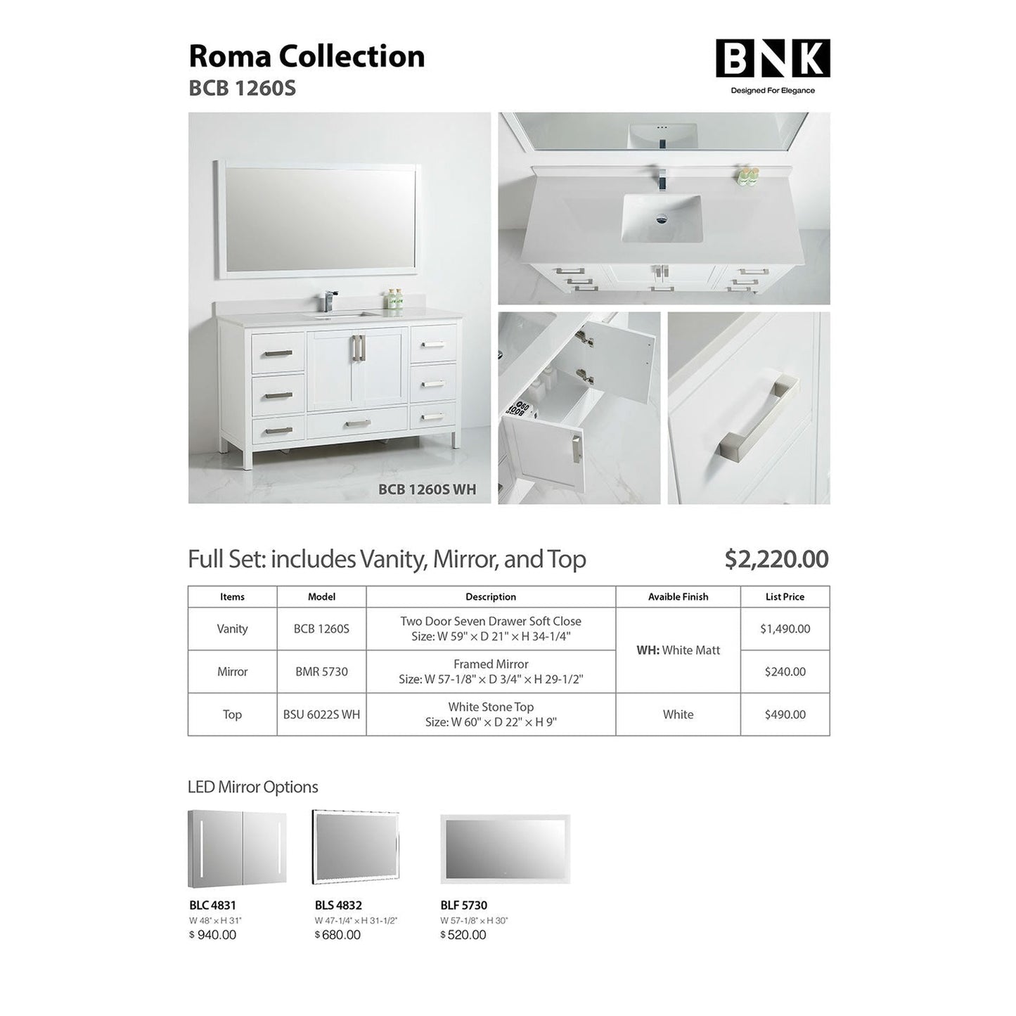BNK BCB1260S Roma Matt White Vanity With Single Sink Only Two-Door Seven Drawer Soft Close