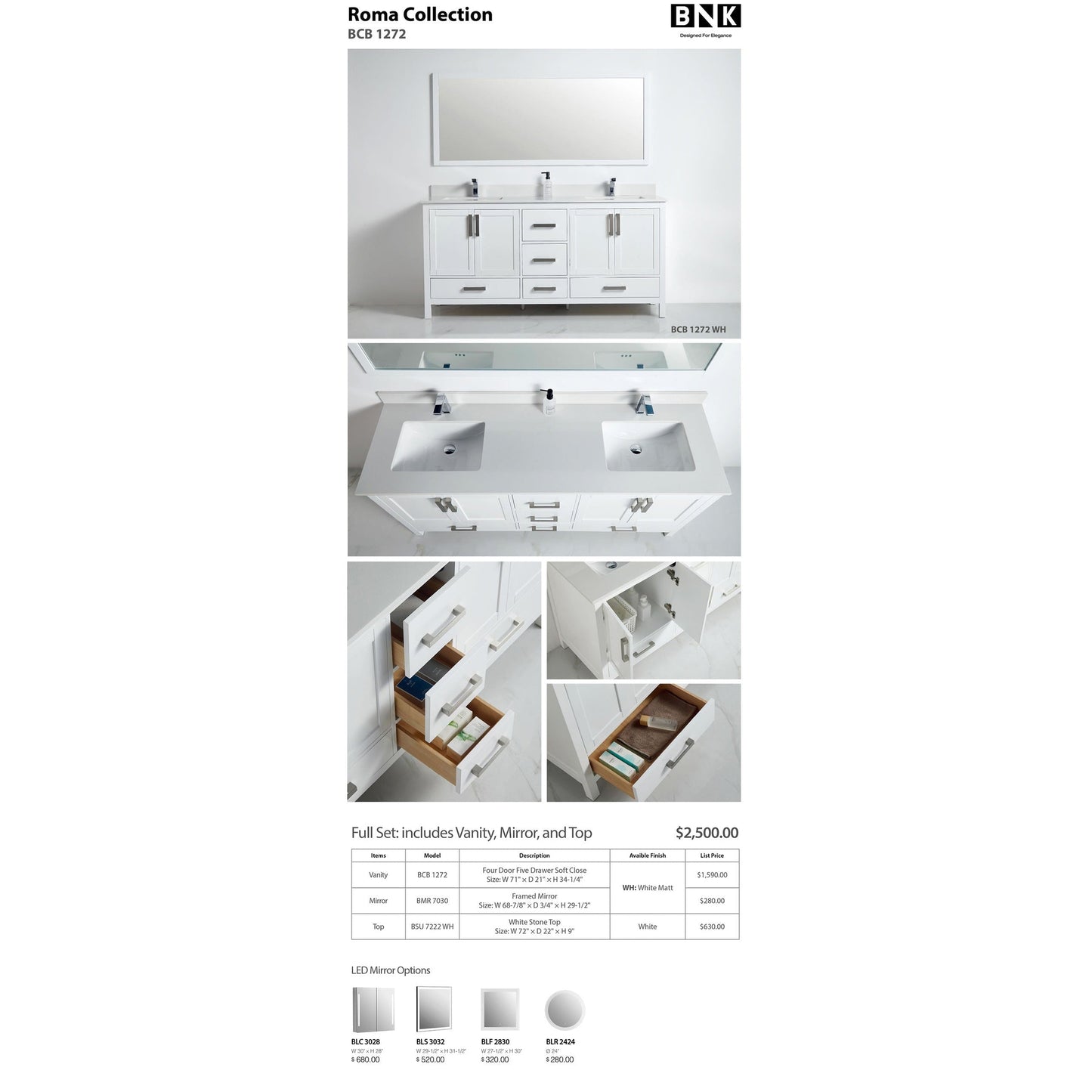 BNK BCB1272 Roma Matt White Vanity With Double-Sink Only Four-Door Five Drawer Soft Close