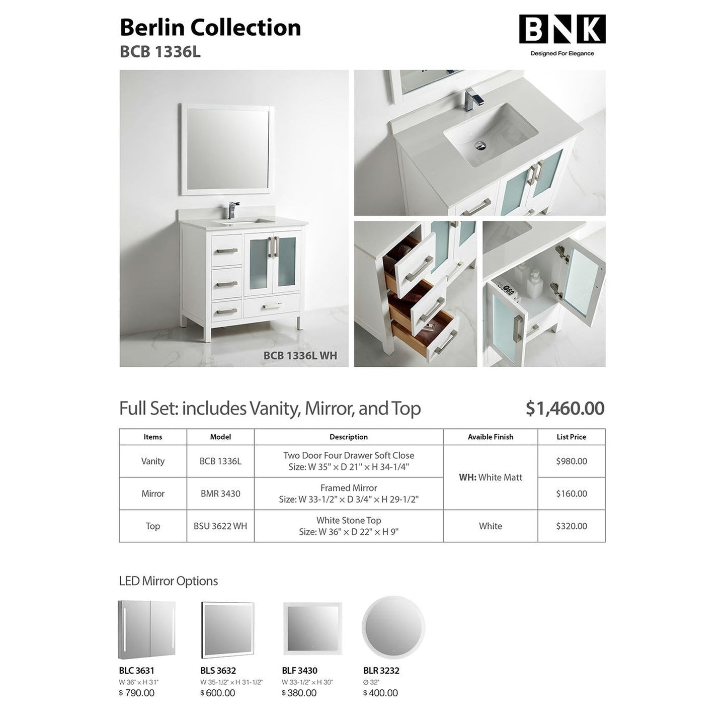 BNK BCB1336L Berlin Vanity Only Two-Door Three Left Drawer Soft Close