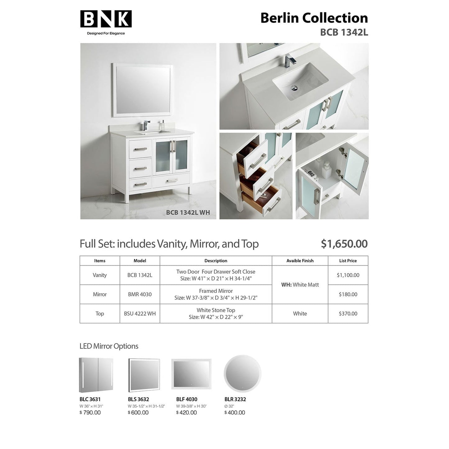 BNK BCB1342L Berlin Vanity Only Two-Door Three Left Drawer Soft Close