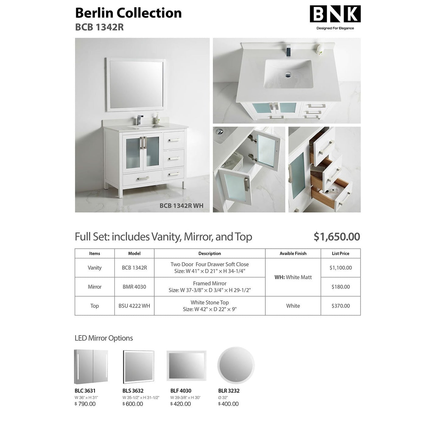 BNK BCB1342R Berlin Vanity Only Two-Door Three Right Drawer Soft Close