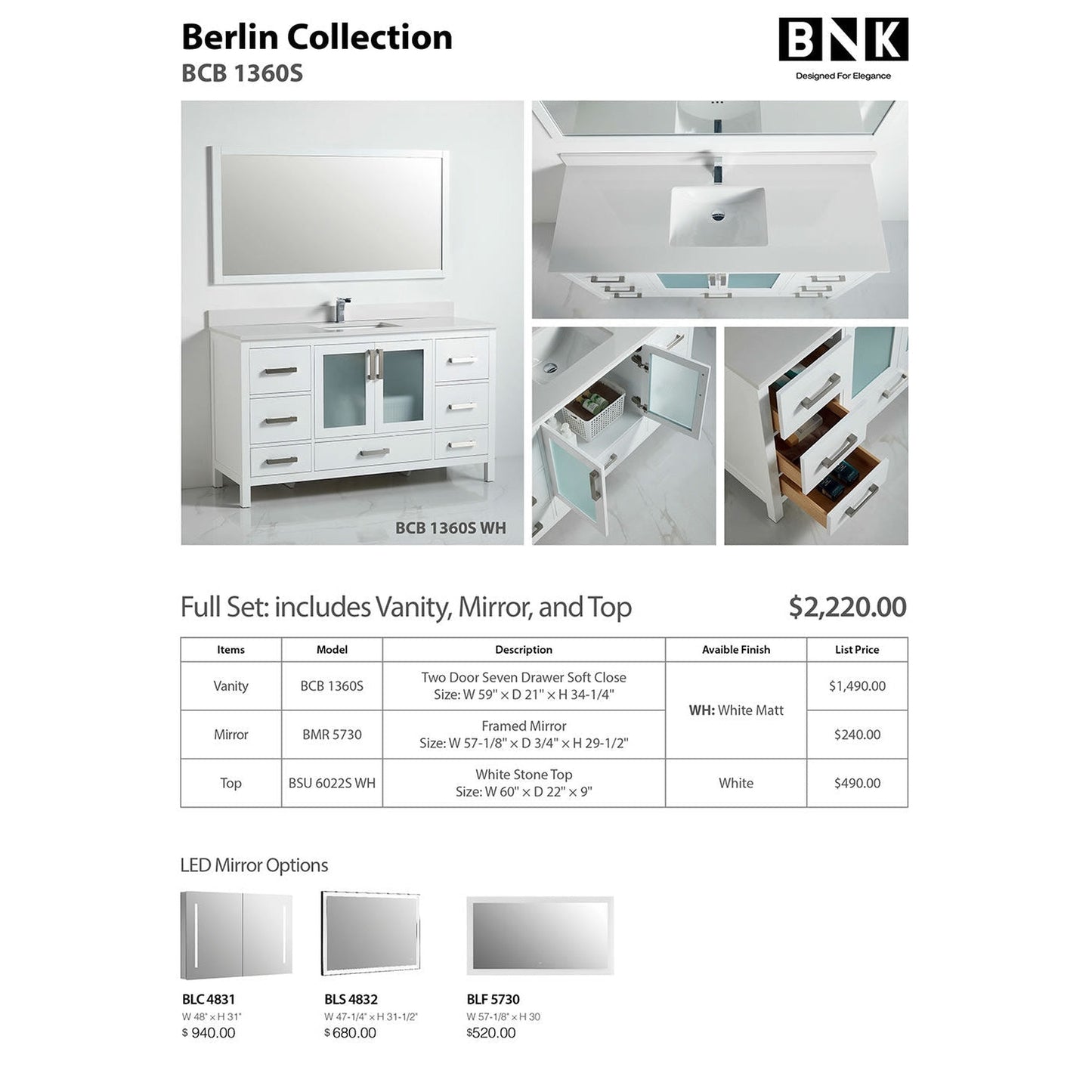 BNK BCB1360S Berlin Vanity With Single Sink Only Two-Door Seven Drawer Soft Close