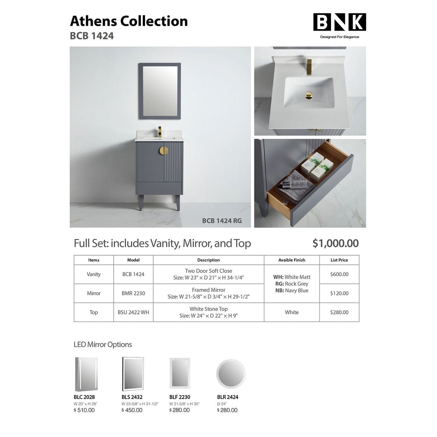 BNK BCB1424RG Athens Rock Grey Vanity Only Two Glass Door One Drawer Soft Close