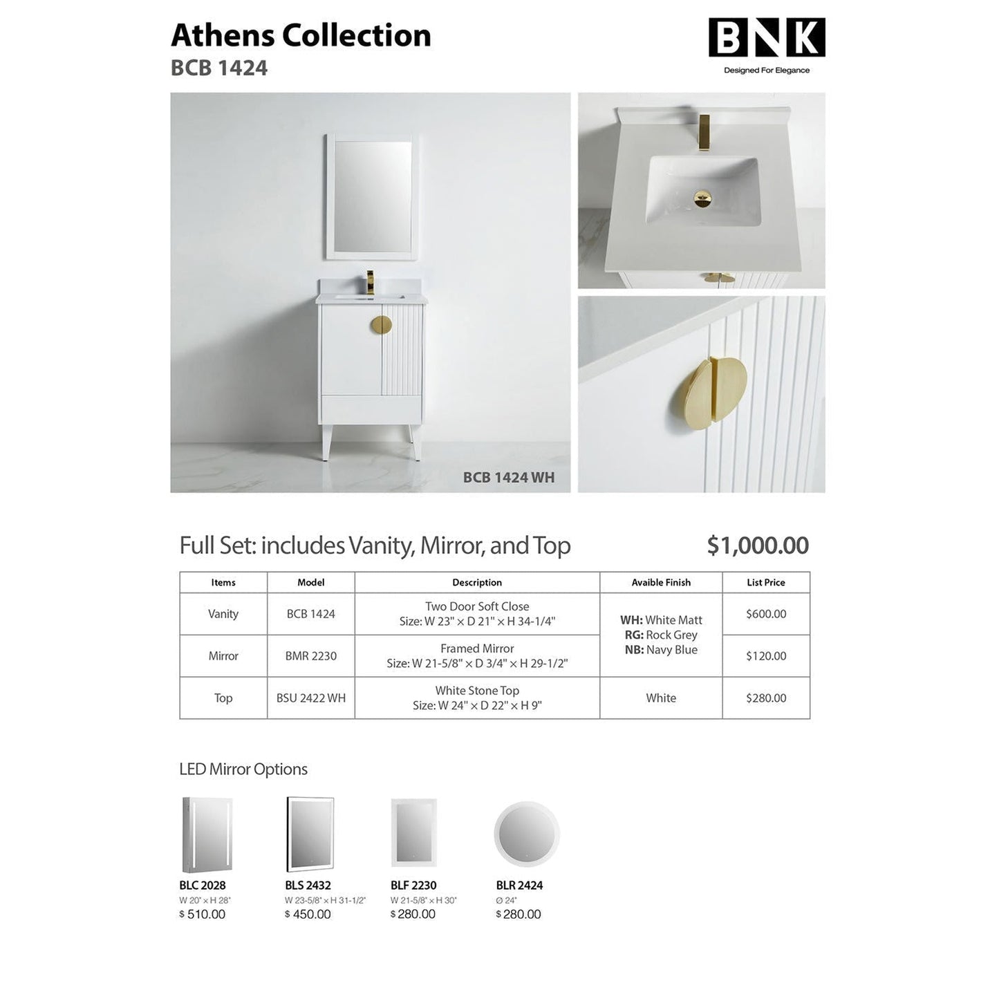 BNK BCB1424WH Athens Matt White Vanity Only Two Glass Door One Drawer Soft Close