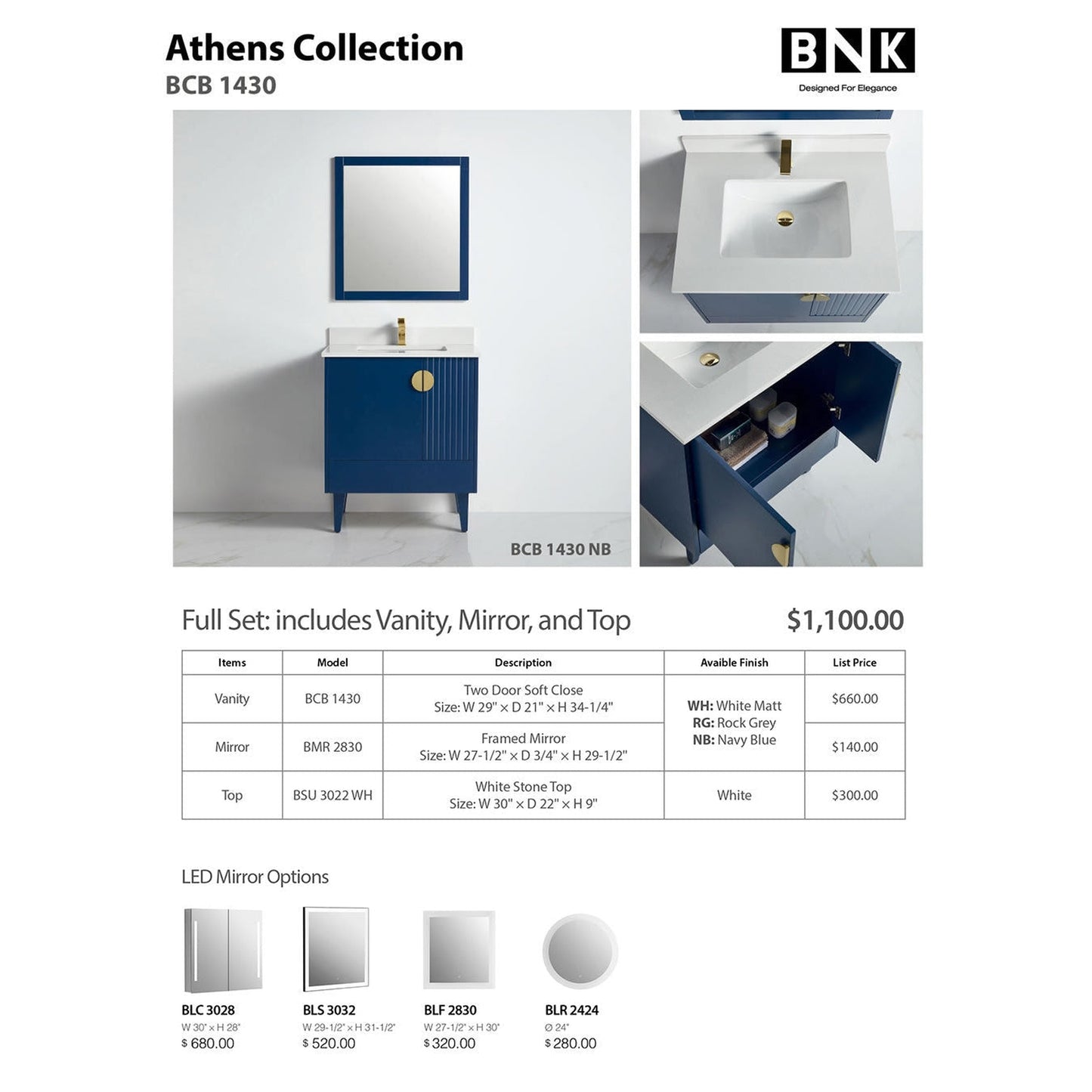 BNK BCB1430NB Athens Navy Blue Vanity Only Two Glass Door One Drawer Soft Close