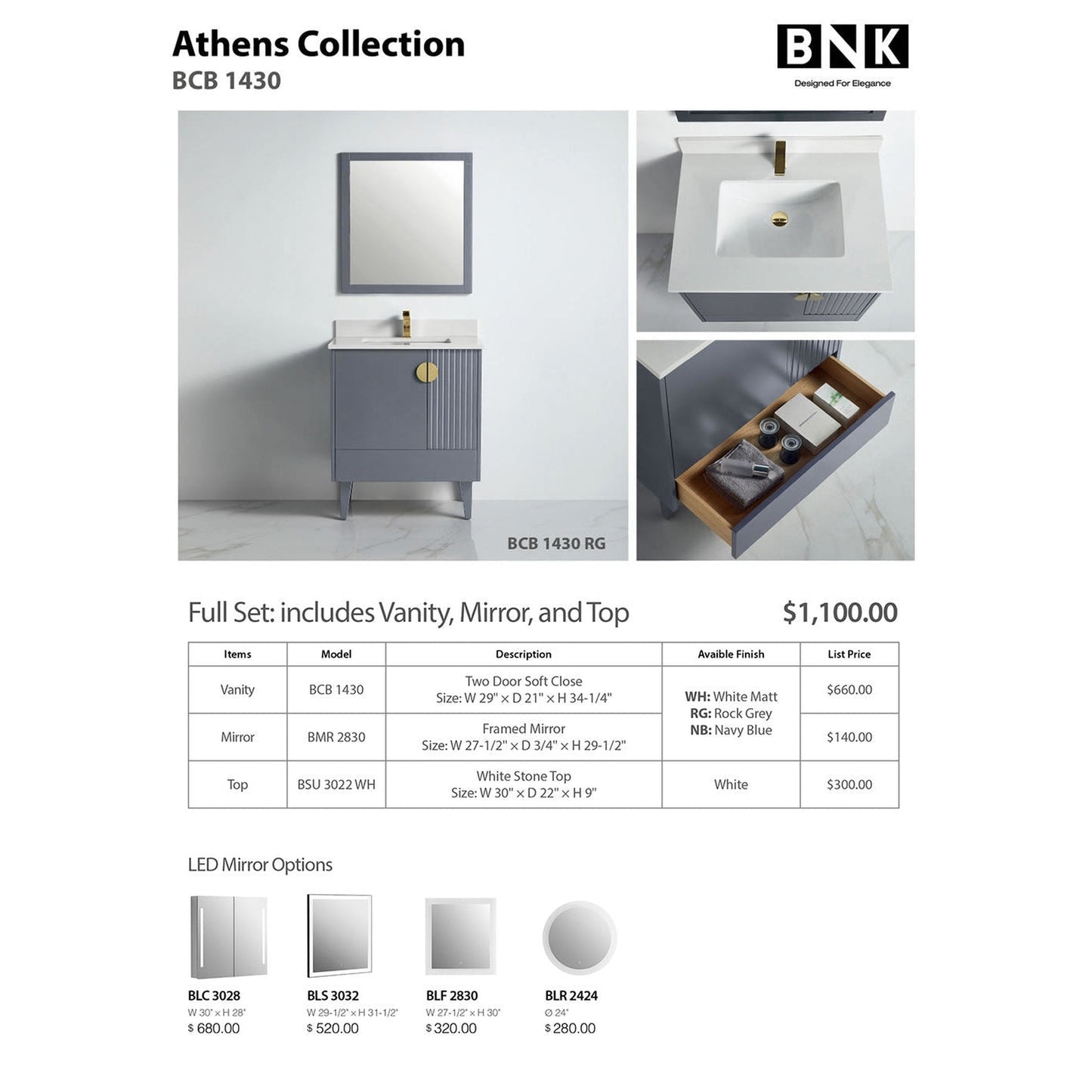 BNK BCB1430RG Athens Rock Grey Vanity Only Two Glass Door One Drawer Soft Close