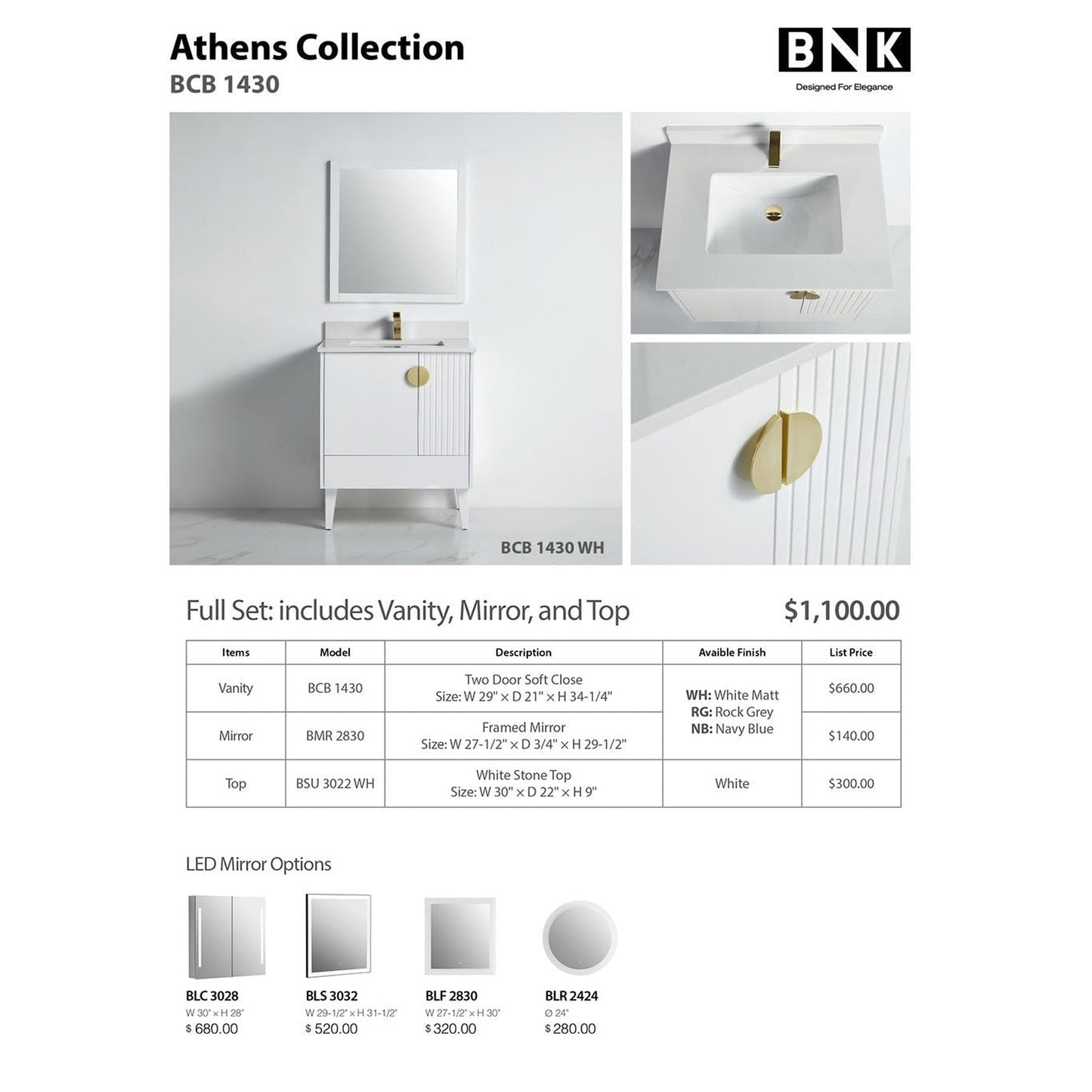 BNK BCB1430WH Athens Matt White Vanity Only Two Glass Door One Drawer Soft Close