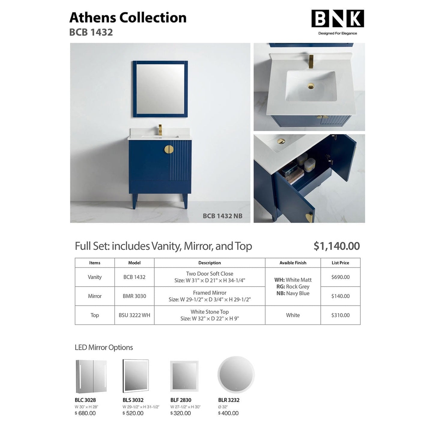 BNK BCB1432NB Athens Navy Blue Vanity Only Two Glass Door One Drawer Soft Close