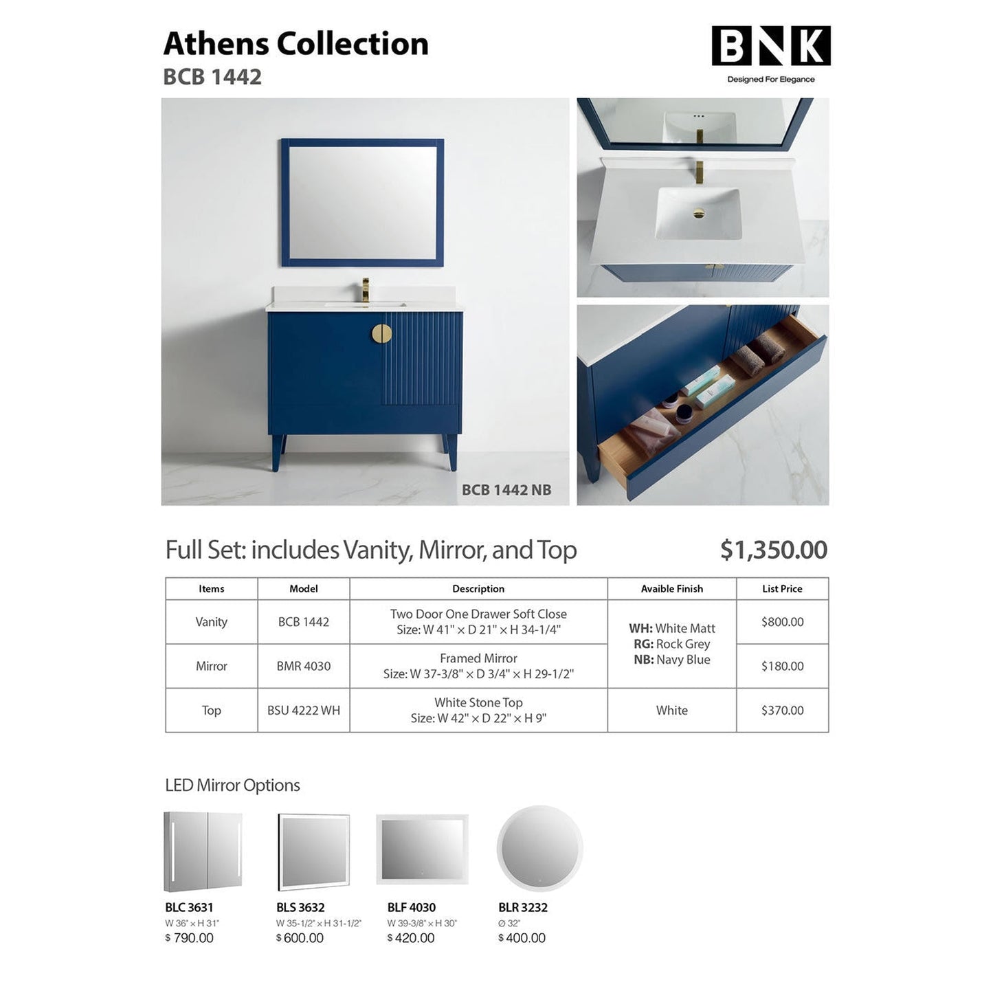 BNK BCB1442NB Athens Navy Blue Vanity Only Two-Door One Left Drawer Soft Close