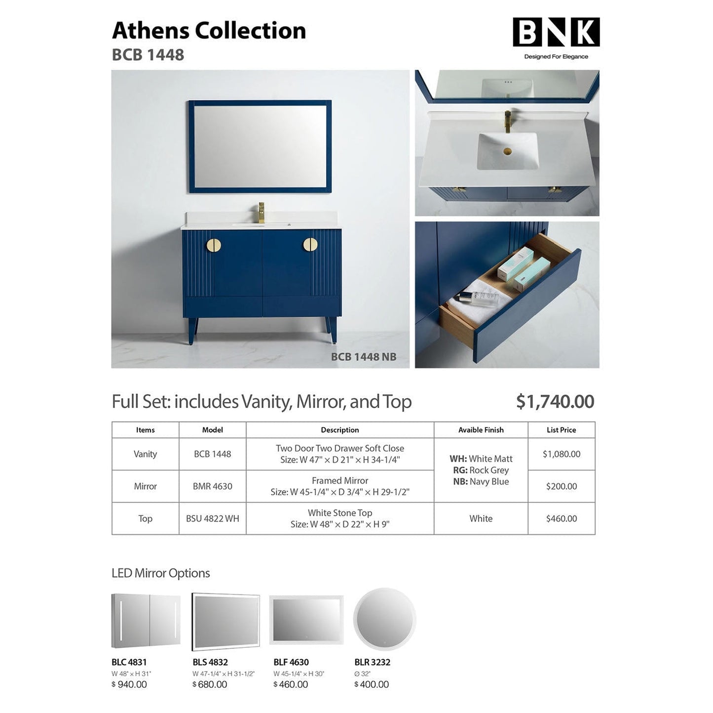 BNK BCB1448NB Athens Navy Blue Vanity Only Four-Door One Left Drawer Soft Close