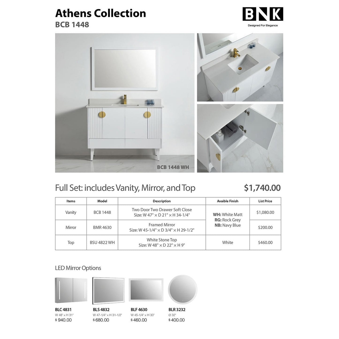 BNK BCB1448WH Athens Matt White Vanity Only Four-Door One Left Drawer Soft Close