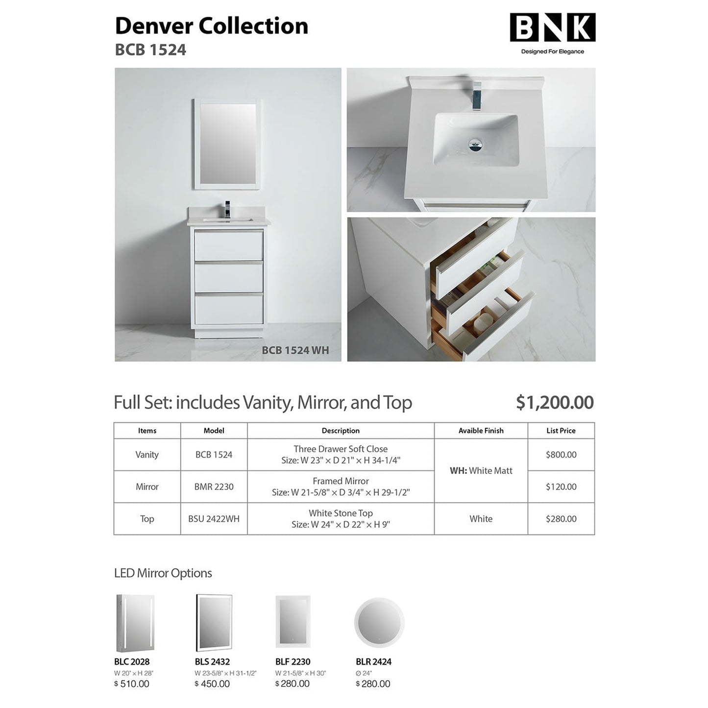 BNK BCB1524WH Denver Matt White Vanity Only Three Drawer Soft Close