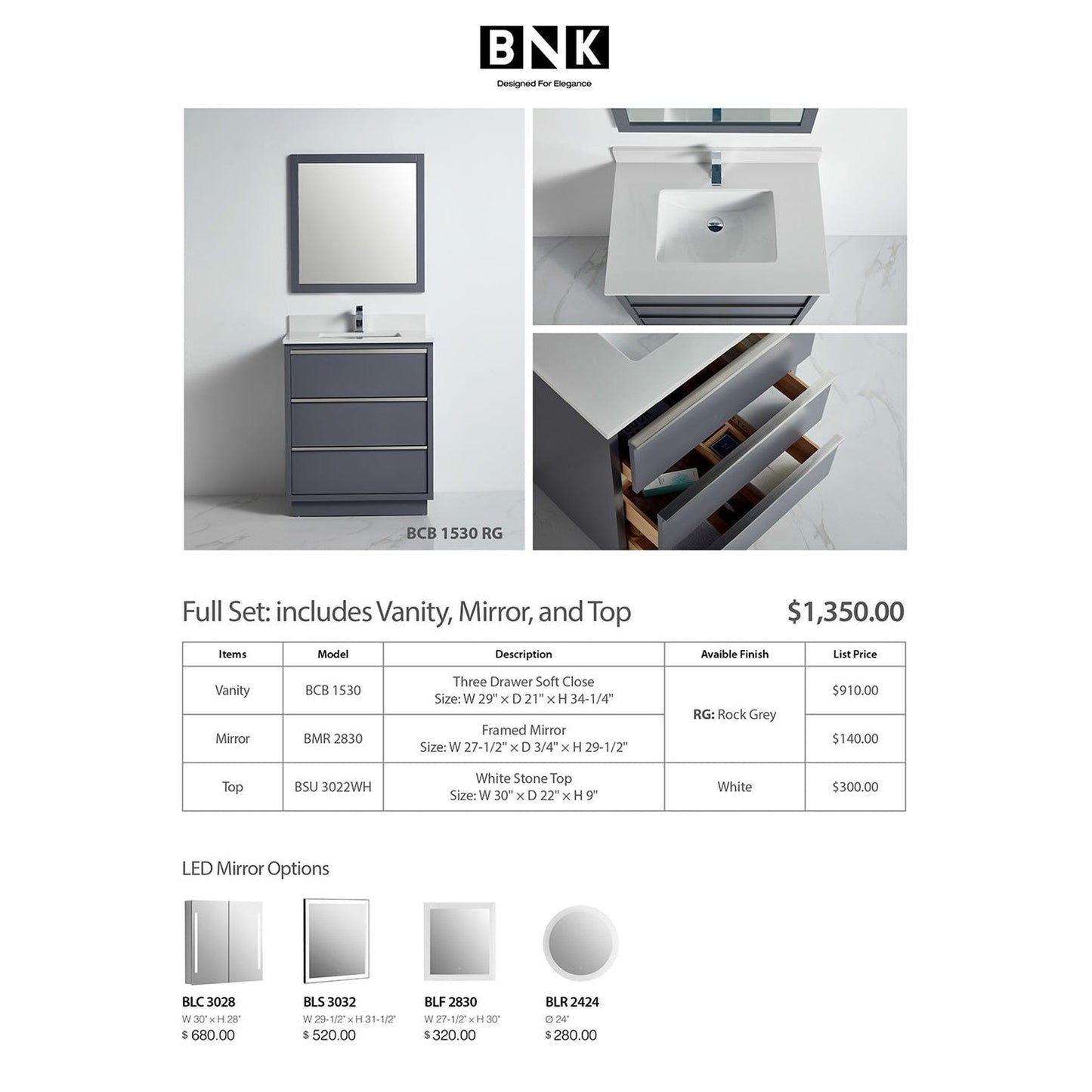 BNK BCB1530RG Denver Rock Grey Vanity Only Three Drawer Soft Close