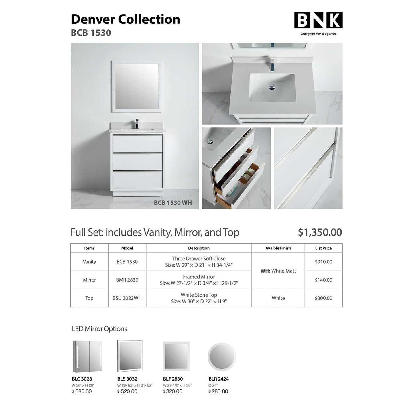 BNK BCB1530WH Denver Matt White Vanity Only Three Drawer Soft Close