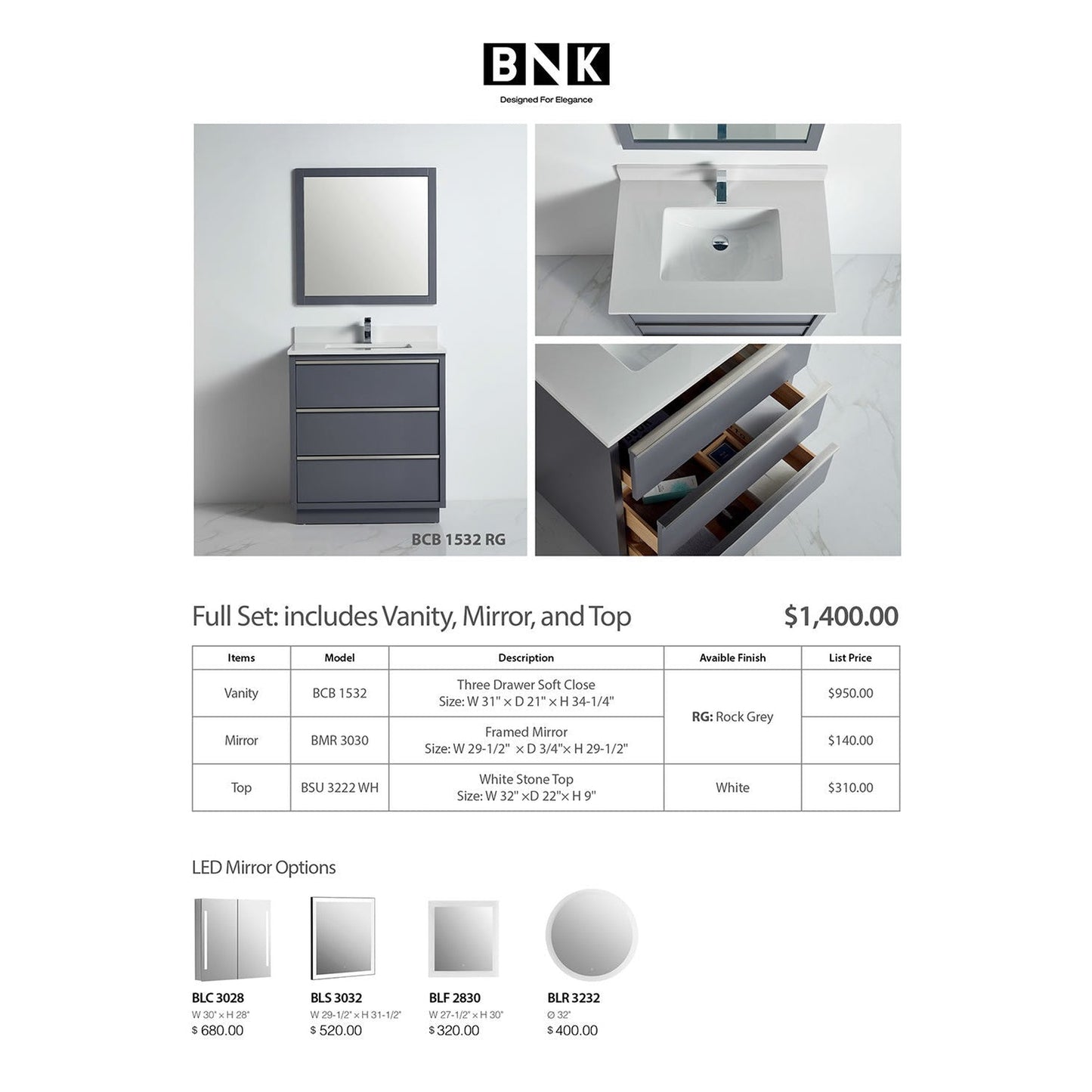 BNK BCB1532RG Denver Rock Grey Vanity Only Three Drawer Soft Close