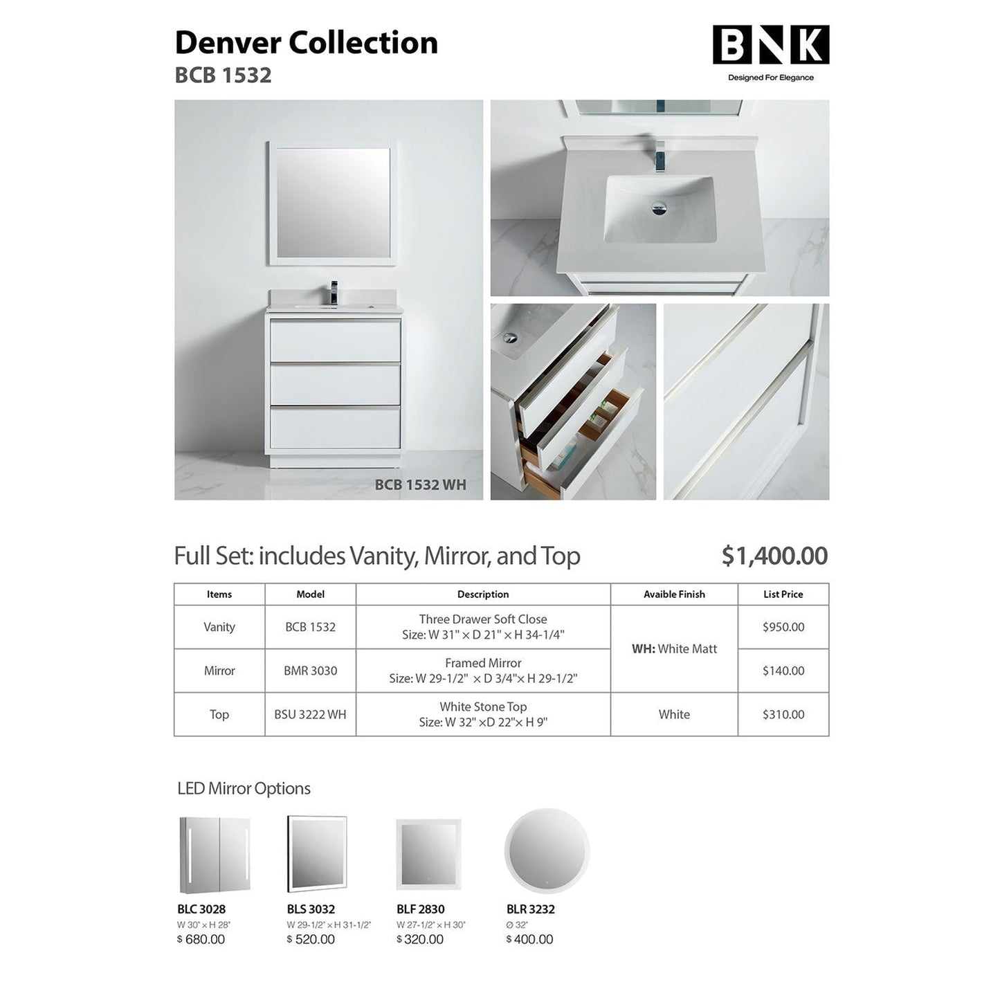 BNK BCB1532WH Denver Matt White Vanity Only Three Drawer Soft Close