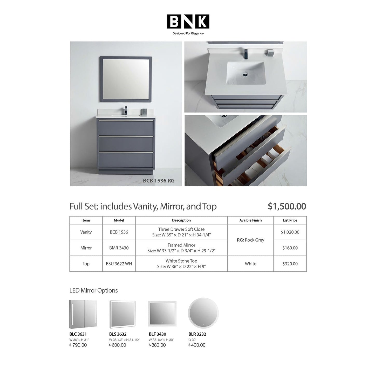 BNK BCB1536RG Denver Rock Grey Vanity Only Three Drawer Soft Close