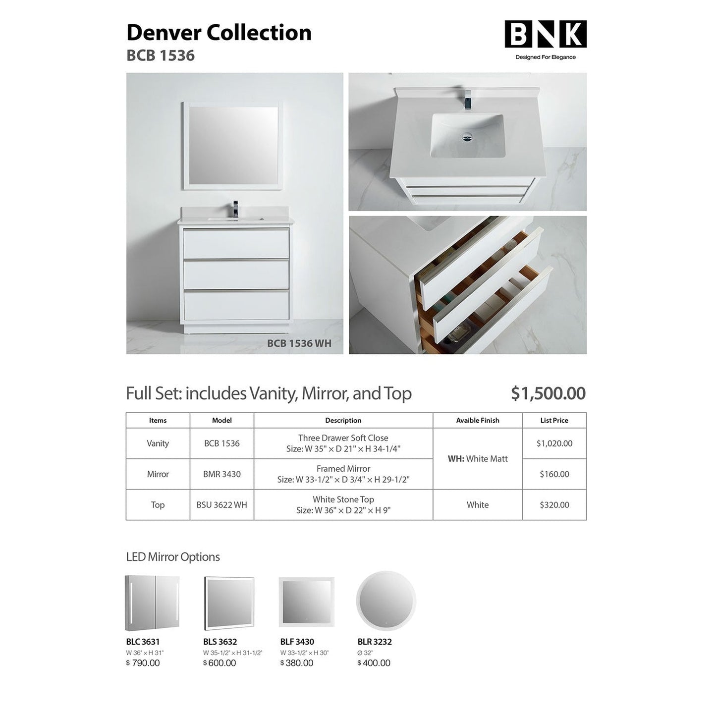 BNK BCB1536WH Denver Matt White Vanity Only Three Drawer Soft Close