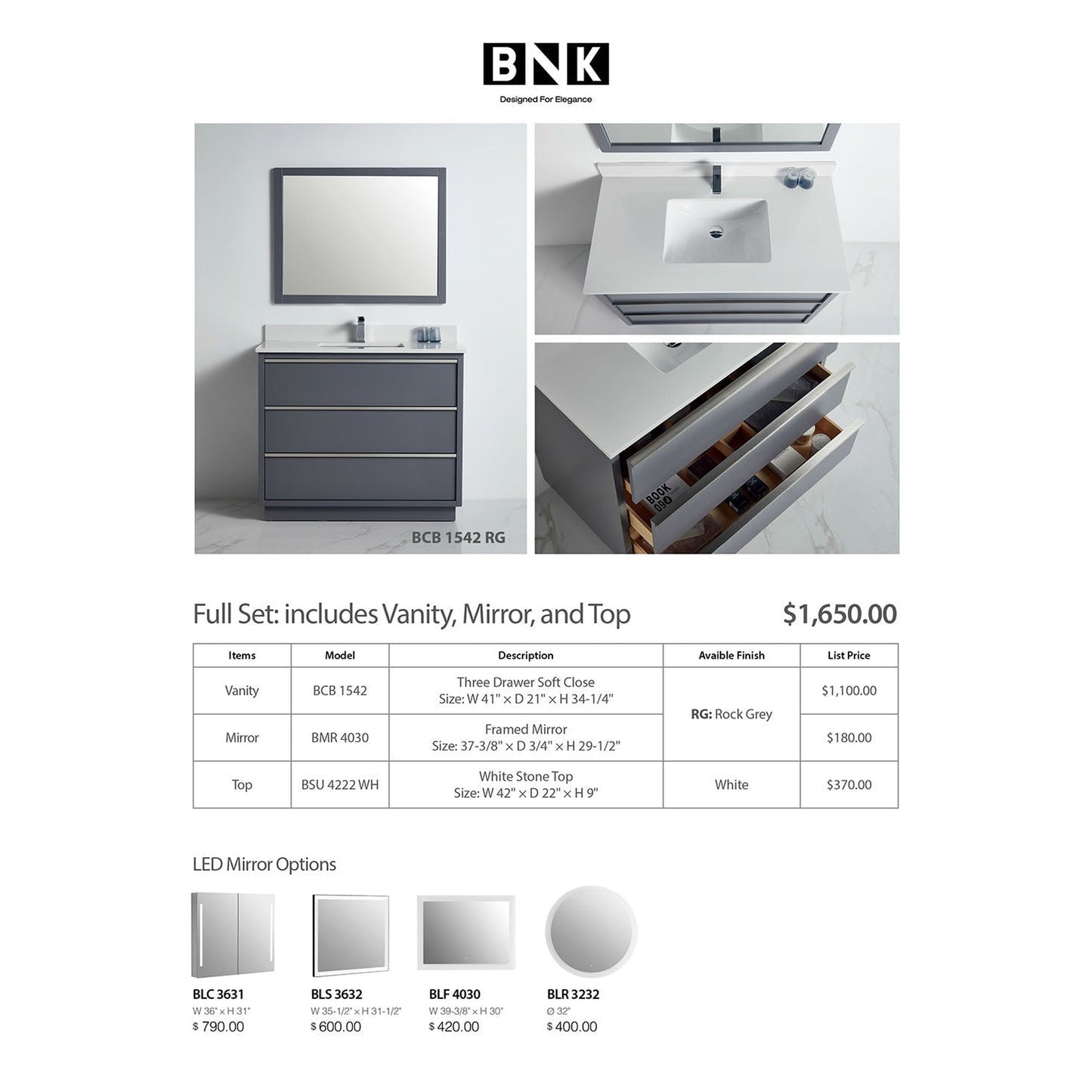 BNK BCB1542RG Denver Rock Grey Vanity Only Three Drawer Soft Close