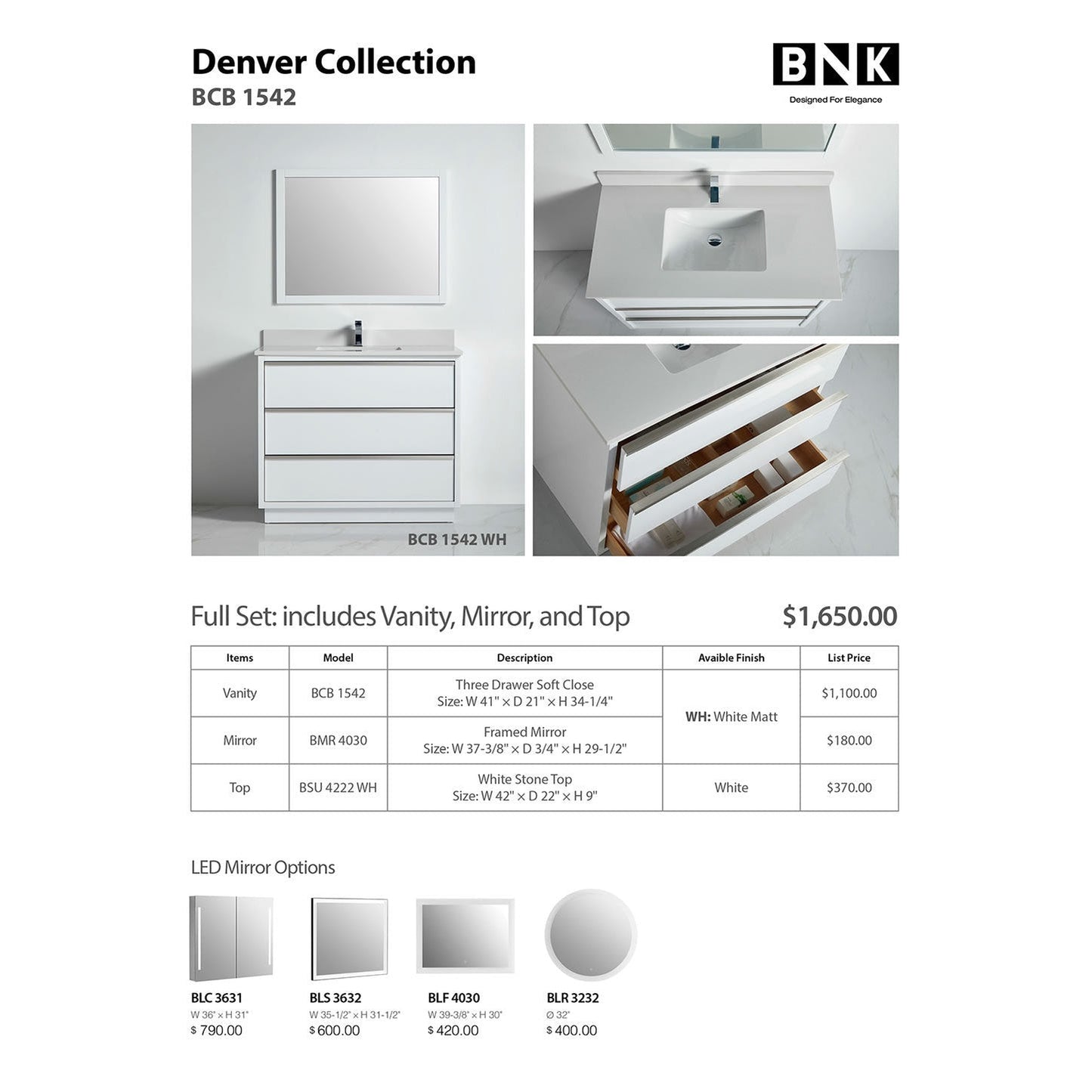 BNK BCB1542WH Denver Matt White Vanity Only Three Drawer Soft Close