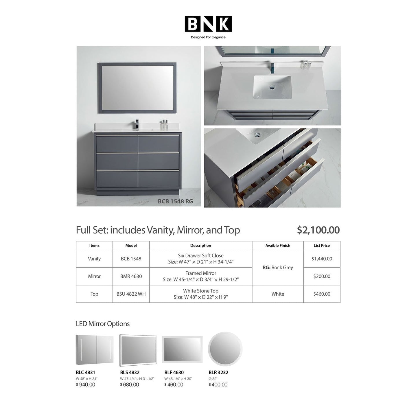 BNK BCB1548RG Denver Rock Grey Vanity Only Six Drawer Soft Close