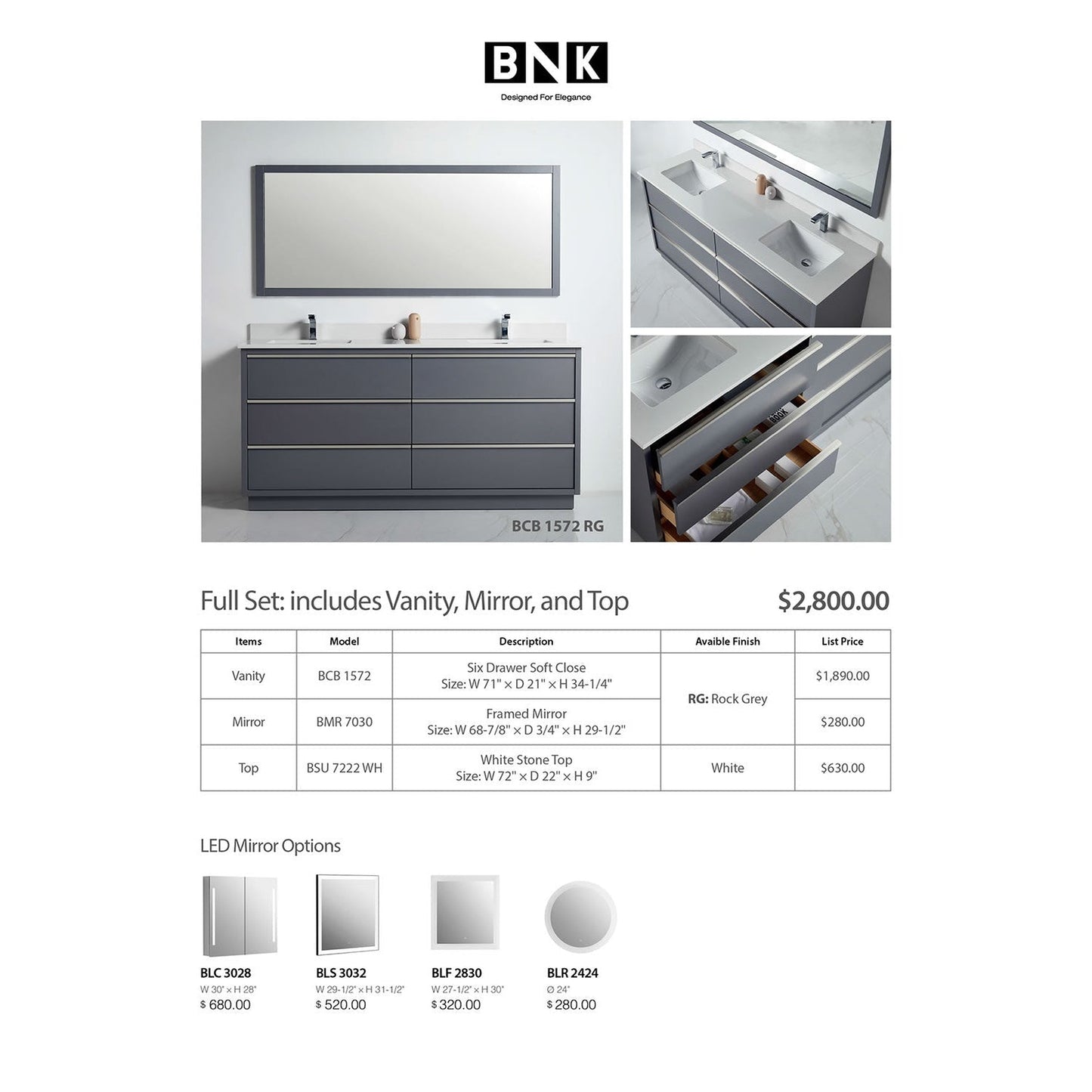 BNK BCB1572RG Denver Rock Grey Vanity Only Six Drawer Soft Close