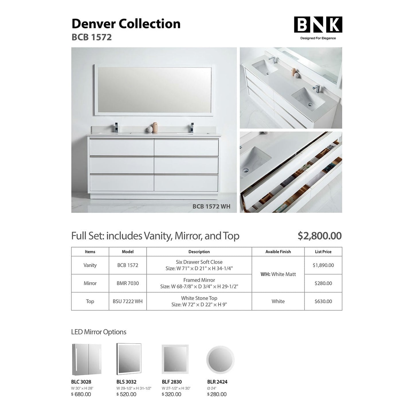 BNK BCB1572WH Denver Matt White Vanity Only Six Drawer Soft Close