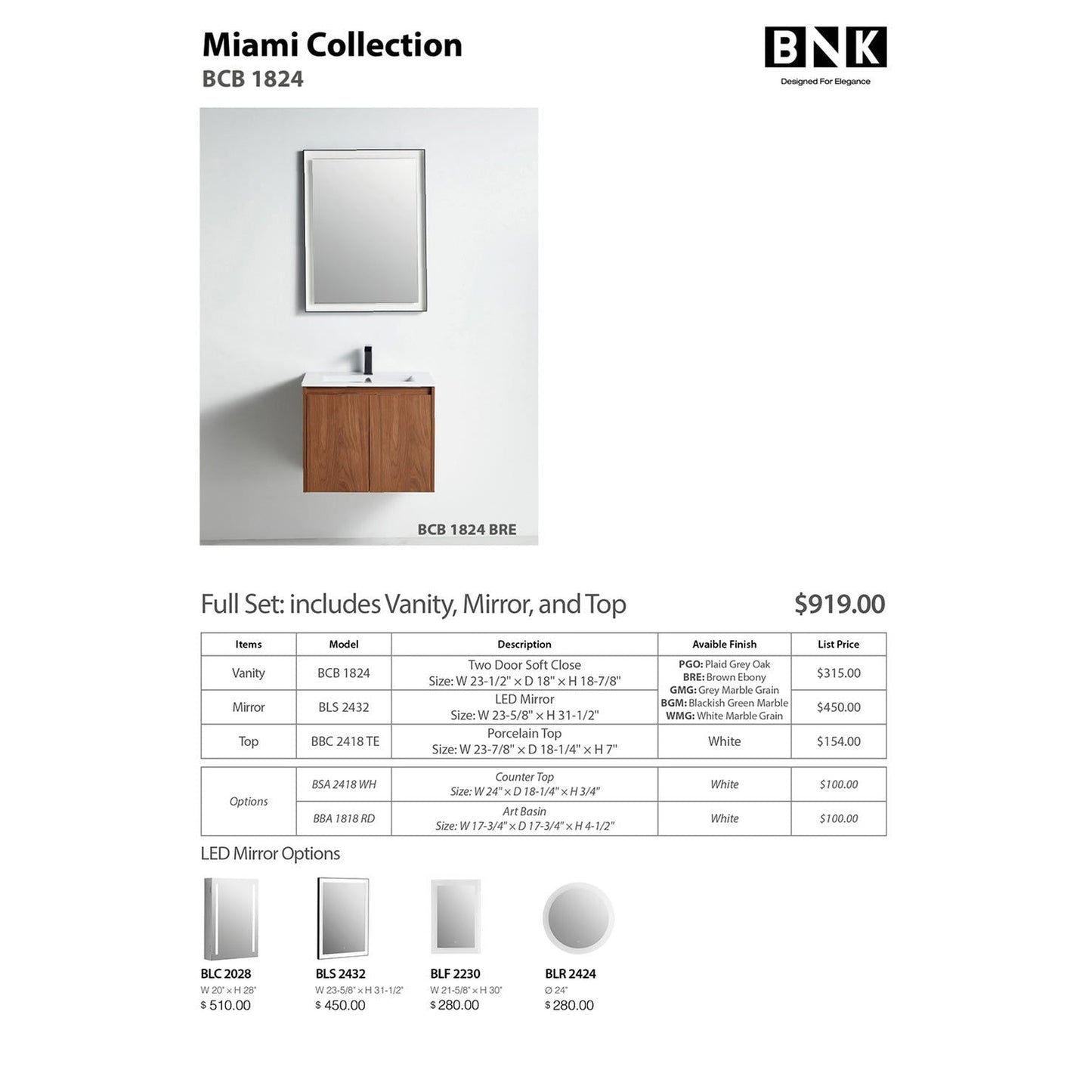 BNK BCB1824BRE Miami Brown Ebony Vanity Only Two-Door Soft Close