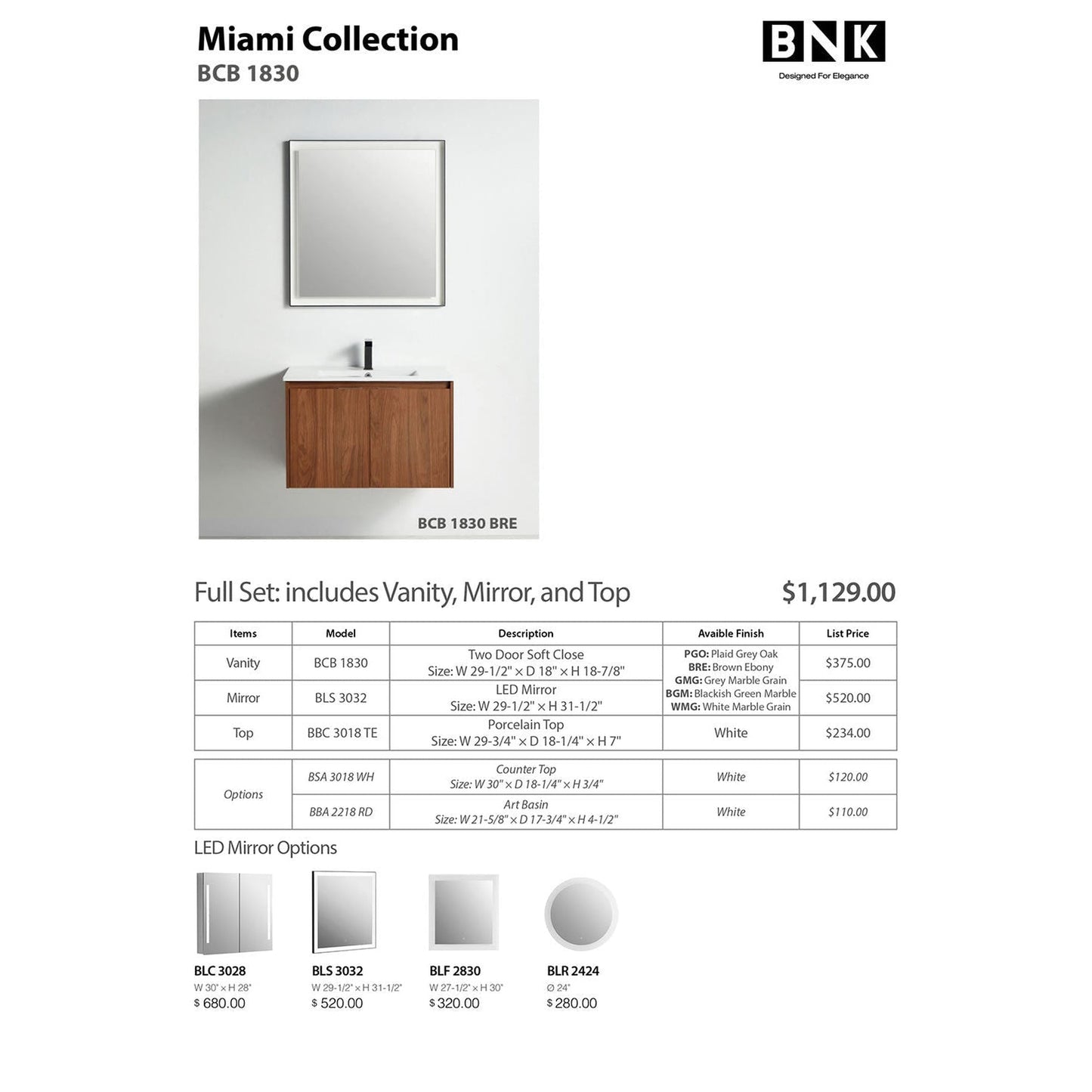 BNK BCB1830BRE Miami Brown Ebony Vanity Only Two-Door Soft Close