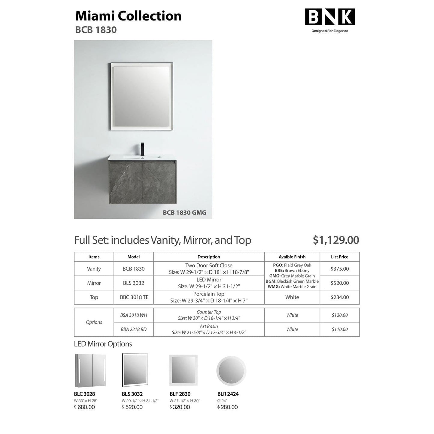 BNK BCB1830GMG Miami Grey Mable Grain Vanity Only Two-Door Soft Close