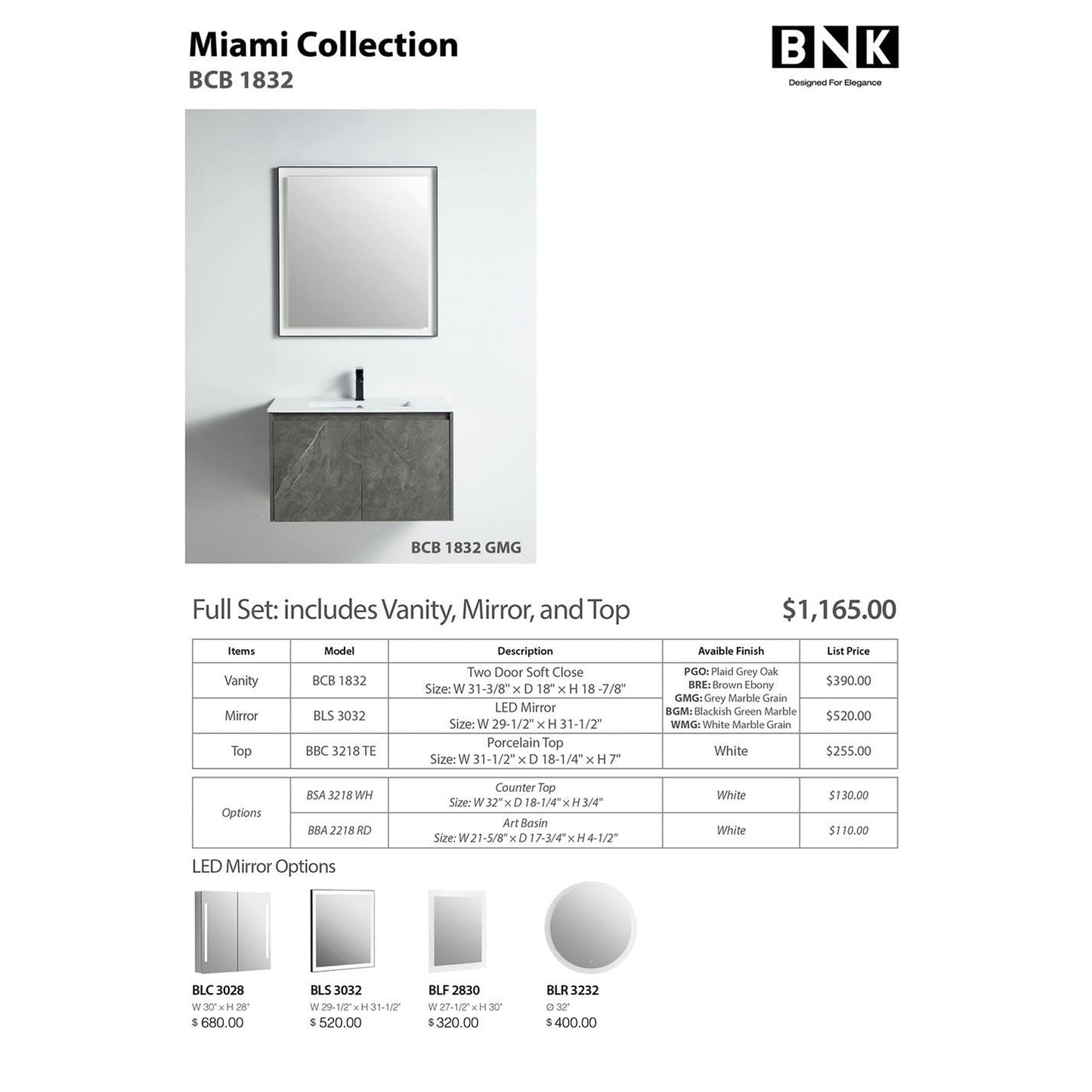 BNK BCB1832GMG Miami Grey Mable Grain Vanity Only Two-Door Soft Close