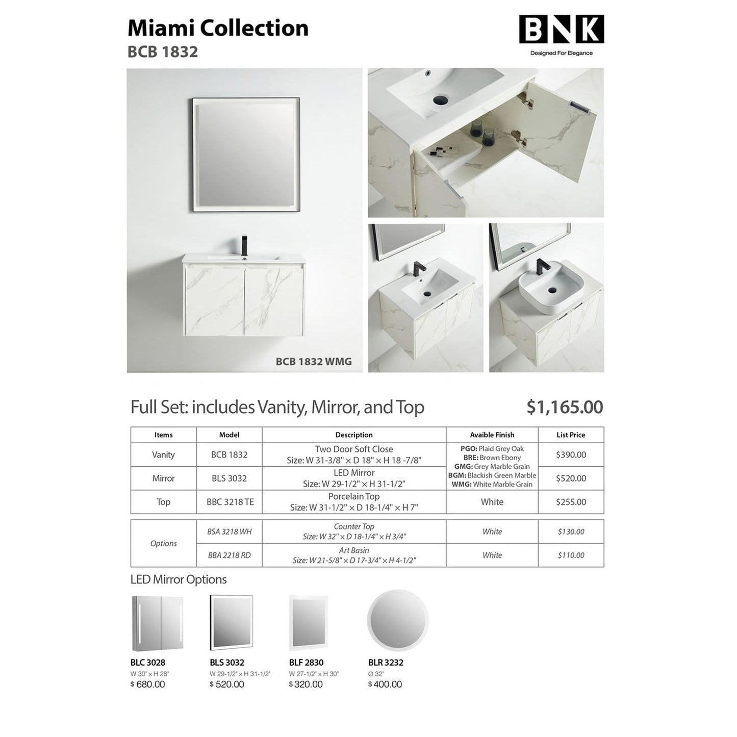 BNK BCB1832WMG Miami White Mable Grain Vanity Only Two-Door Soft Close