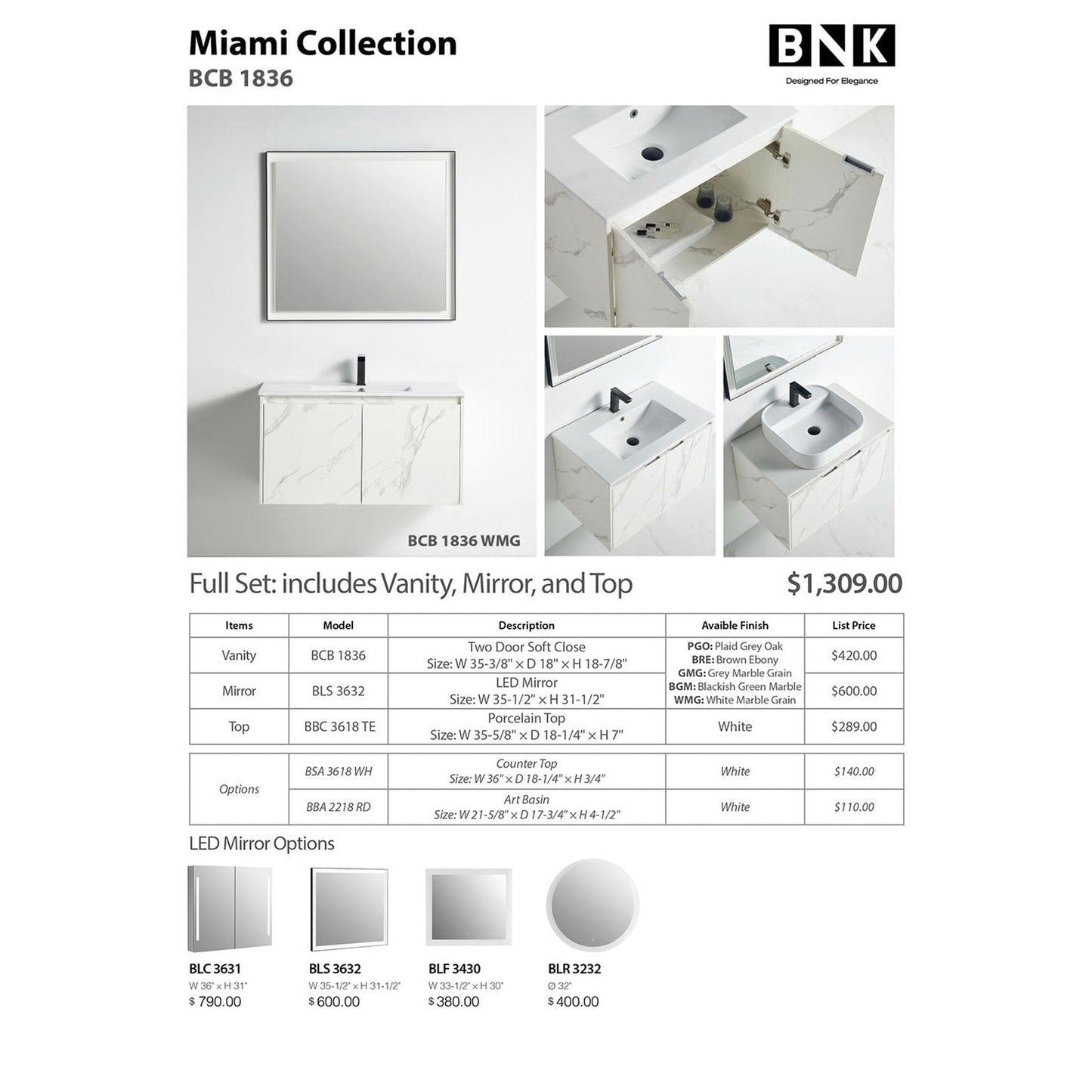BNK BCB1836WMG Miami White Mable Grain Vanity Only Two-Door Soft Close